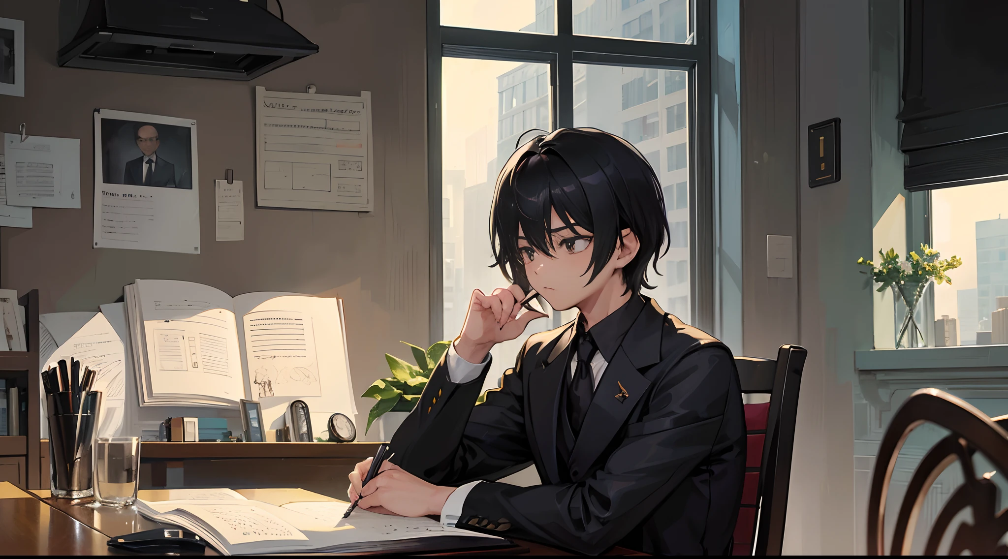 (1boys,Black color hair,Business suit)Sit at a shabby table,Hold the quill pen,In a diary, He wrote down the rules of his life in this other world