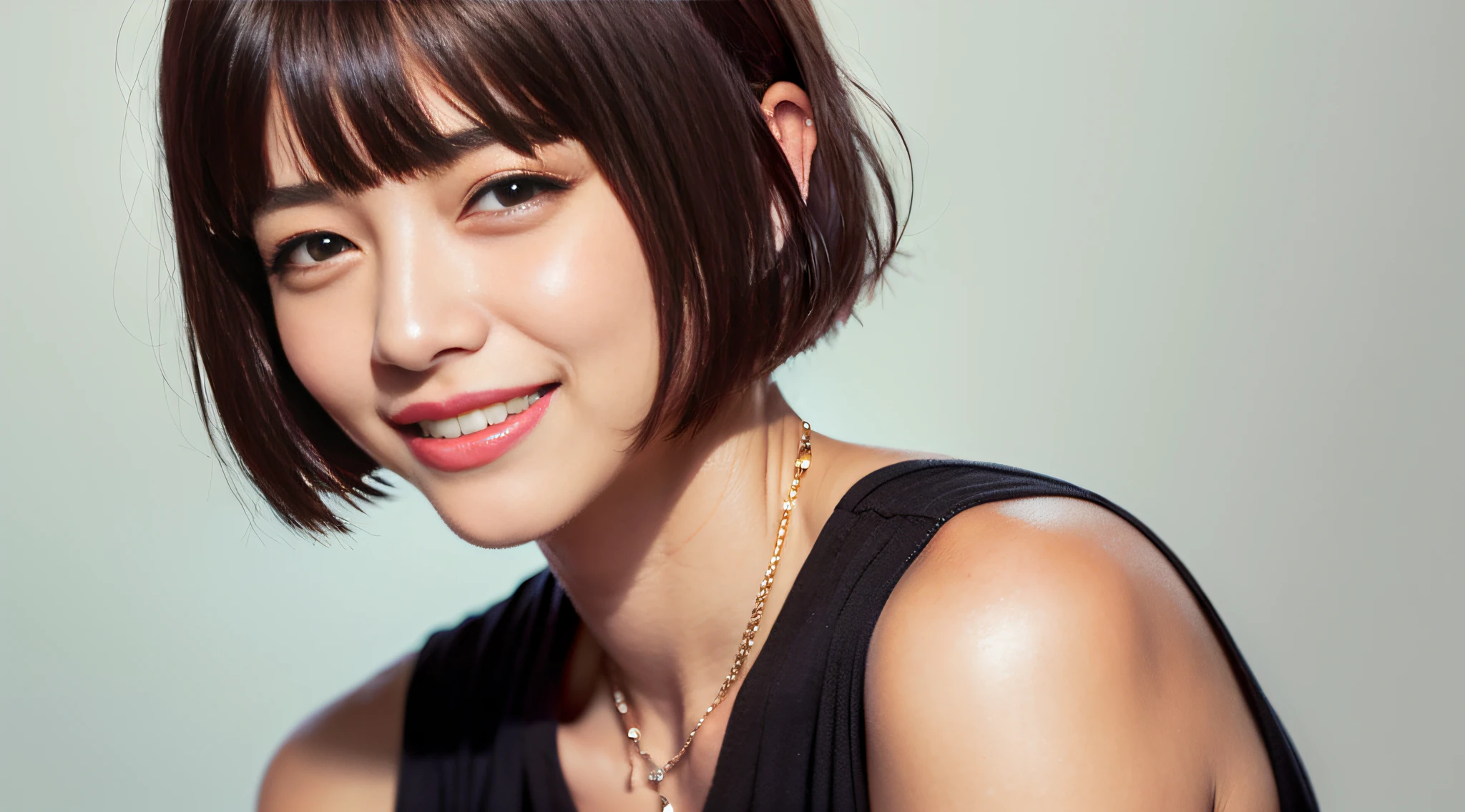 (Young Sophie Marceau:1.2), Beautiful Sophie Marceau, delicated face, upper body, a picture, (phoenix eye:1.3), (Low corner of the eye:1.2), (High eye tail:1.4), (largeeyes:1.4), (babyfat:1.4), (Bob Hairstyles:1.5), Straighten your hair, Have temperament, (Neat bangs:2.2), (Thick bangs: 2.2), (Bangs that cover the eyebrows: 2.2), (Ji Shifa 1.2), Slightly long eyelashes, (Smile:1.3), (with fair skin:1.5), (Symmetrical face shape left and right:1.2), Happy smile, 中景 the scene is, best qualtiy, (tmasterpiece:1.5), (realisticlying:1.37), ultra - detailed, simplebackground, A high resolution, glint, (Pastel color: 1.2), the golden ratio, (half-closed eyes:1.3), realistic, SOLO, Cinematic lighting, 8K, ccurate, Textured skin