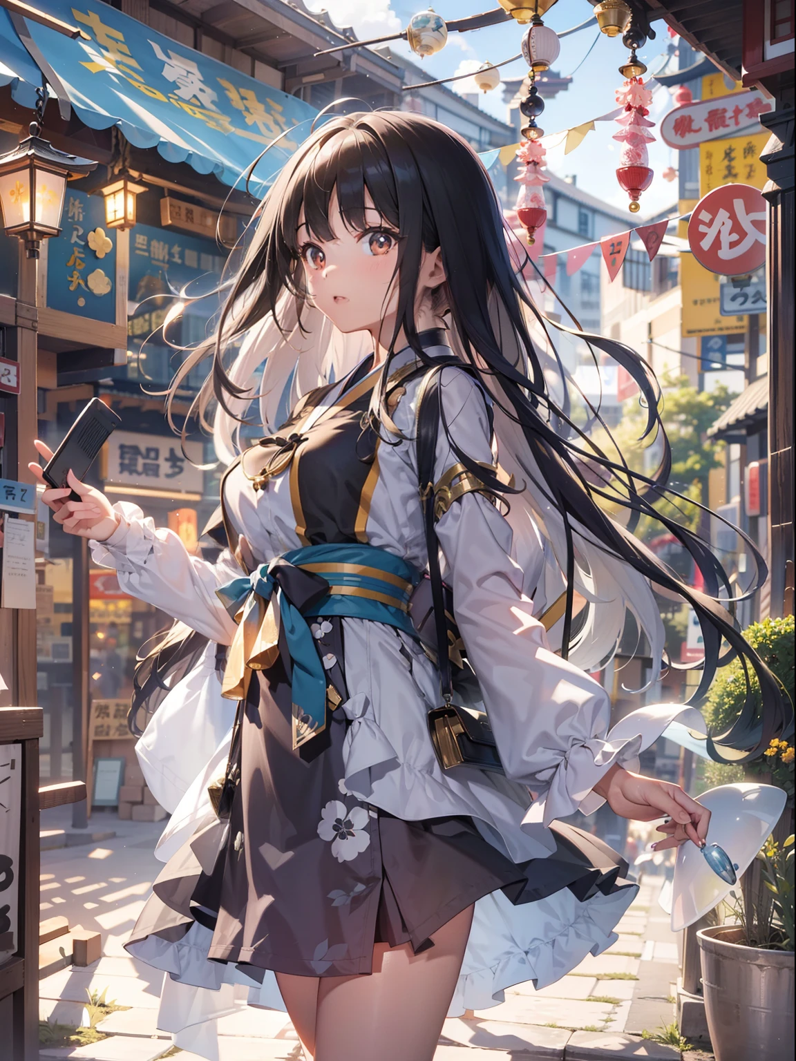 Top image quality　Original Characters、City Girl、summer clothing、Long Black Hair、A city made up of Japan glass wind chimes、Huge entrance cloud、Evening glow