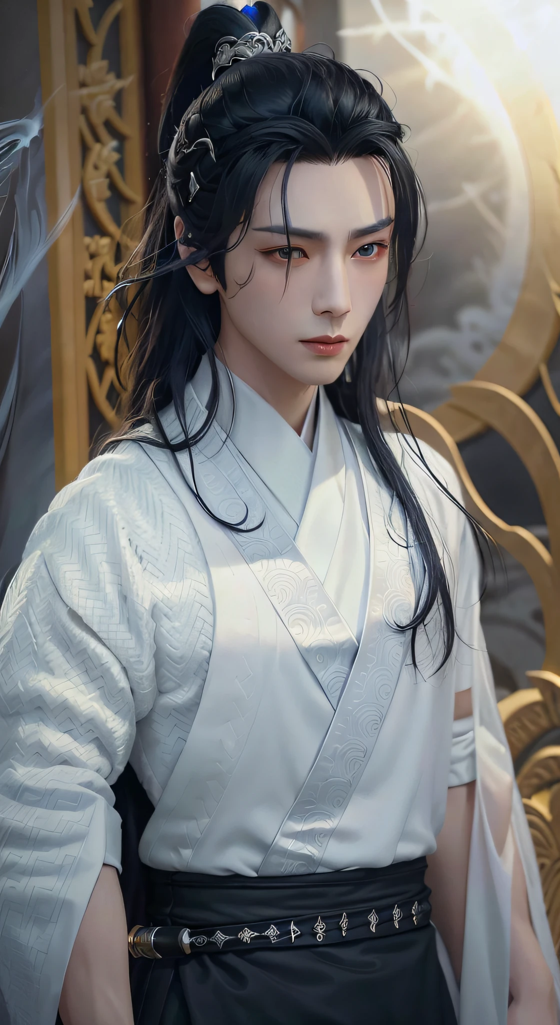 Realistic skin texture, highly detailed, 8k wallpaper, volumetric lighting, dynamic lighting, black long-haired man, long hair fluttering, silver lotus imprint on forehead, Chinese style white robe, black embroidery pattern, dynamic perspective, cloudy mist, ancient Chinese architecture, fairy magic, blue lightning winding,