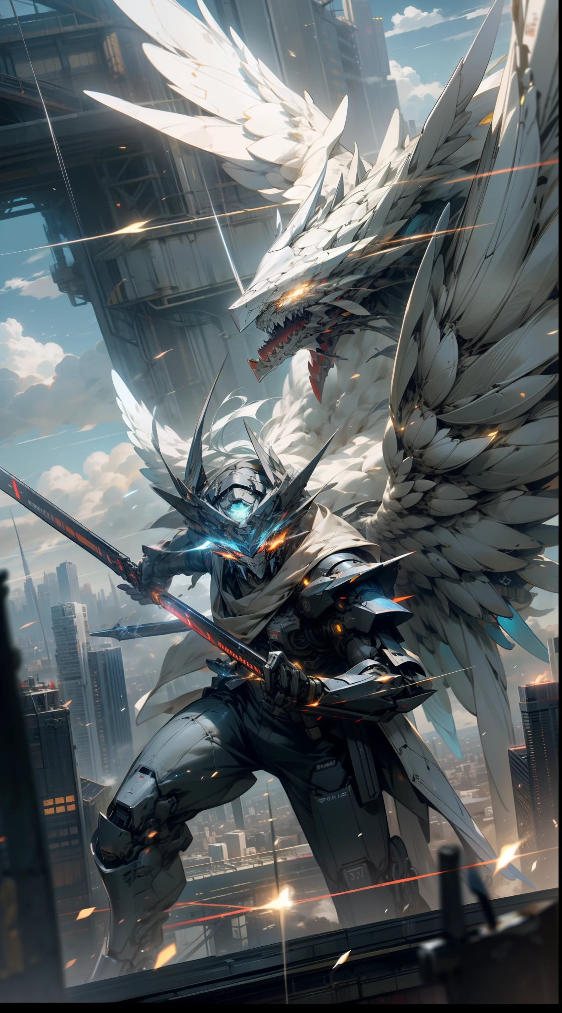 Skysky,clouds,(holdingweapon),with light glowing,,buliding,glowing light eyes,mechs,scientific fiction,city on fire,Realistis,mechs,Mechanical wings,(robot wings),Dragon-shaped robot,glowing weapon,lightsabers,War City,1boy,