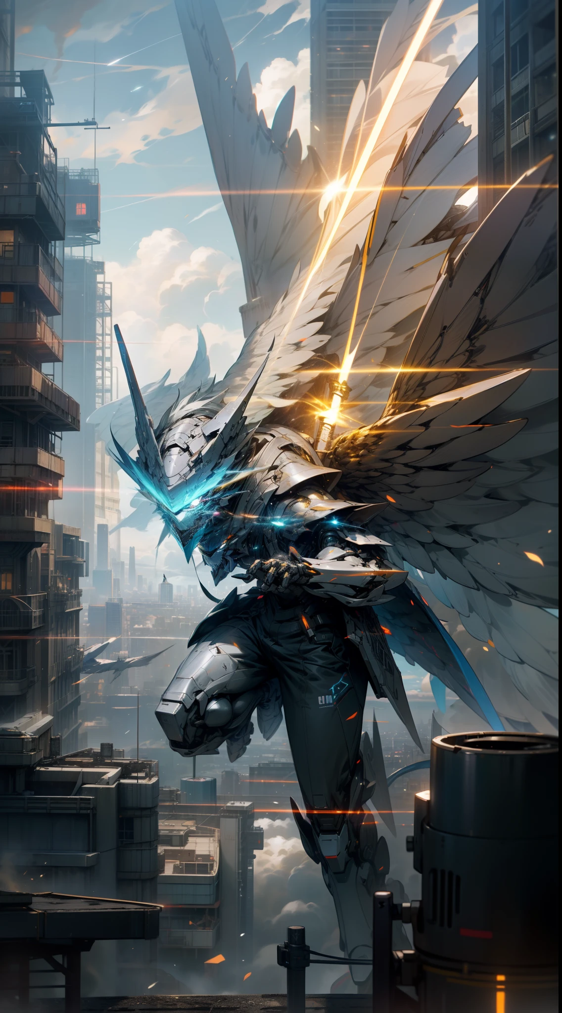 Skysky，​​clouds，（holdingweapon），with light glowing，，buliding，glowing light eyes，mechs，scientific fiction，city on fire，Realistis，mechs，Mechanical wings，（robot wings），Dragon-shaped robot，glowing weapon，lightsabers，War City，1boy，