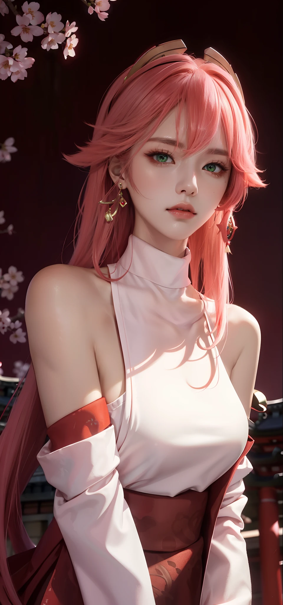(Masterpiece, Excellent, 1girl, solo, complex details, color difference), realism, ((medium breath)), off-the-shoulders, big breasts, sexy, Yae Miko, long pink hair, red headdress, red highlight, hair above one eye, green eyes, earrings, sharp eyes, perfectly symmetrical figure, choker, neon shirt, open jacket, turtleneck sweater, against the wall, brick wall, graffiti, dim lighting, alley, looking at the audience, ((mean, seductive, charming)), ((cherry blossom background ))),((Japanese temple background)))), (((Glow-in-the-dark background)))