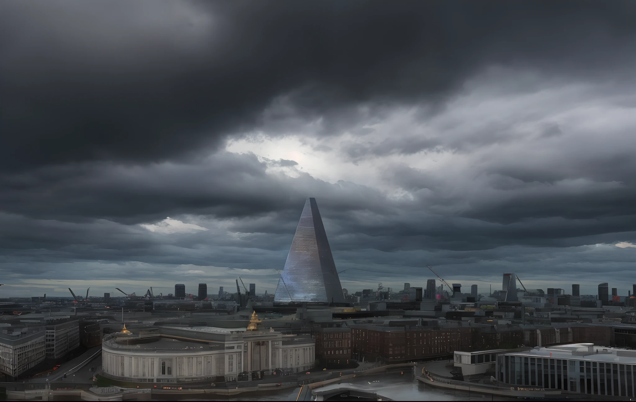 A large modern pyramid-shaped building in London on a cloudy day