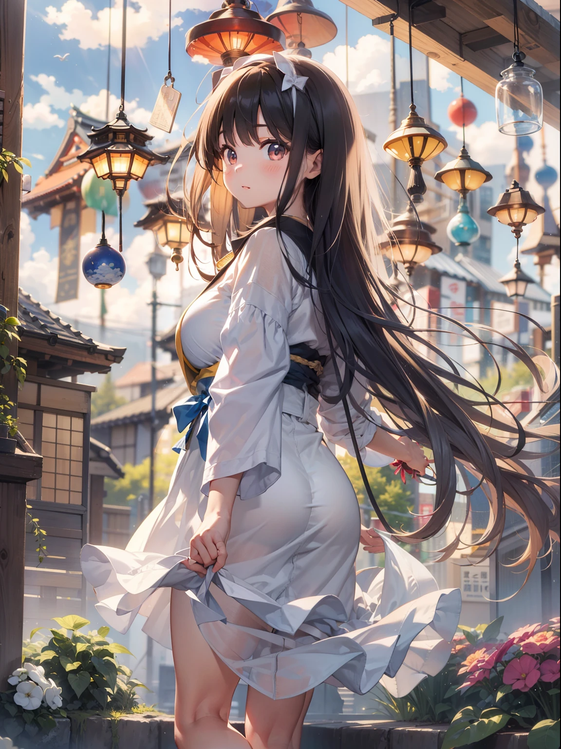 Top image quality　Original Characters、City Girl、summer clothing、Long Black Hair、A city made up of Japan glass wind chimes、Huge entrance cloud、Evening glow