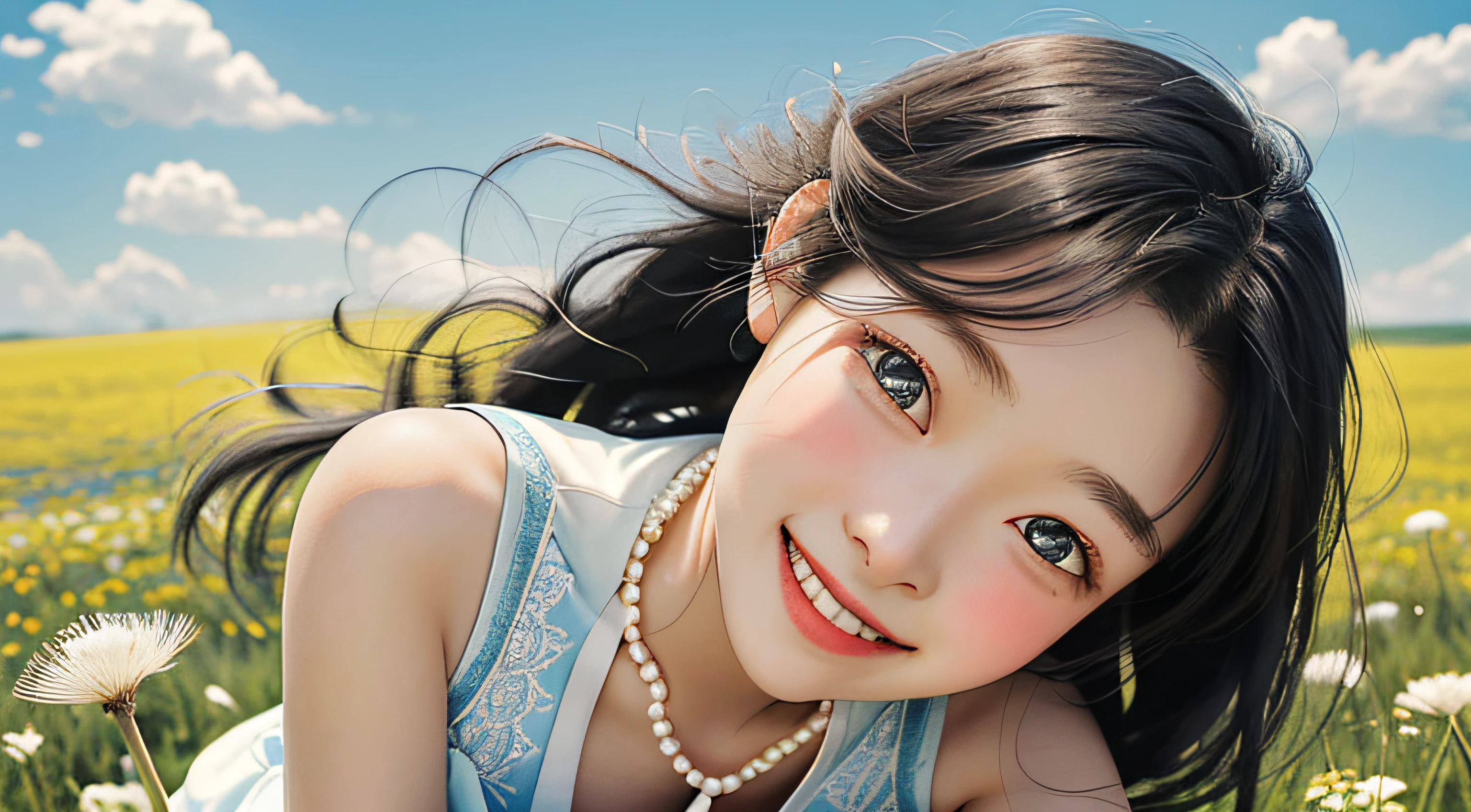 at summer afternoon,and the sun was shining brightly,The sky is blue,The steppe is full of blooming dandelions。In this beautiful steppe,A cute sweet girl of eighteen years old appeared。
She has long black hair,Curled up slightly over your shoulders。She wears a small flower as a hair ornament,It adds a fresh breath。Her eyebrows are slender and natural,A pair of big bright eyes reveal joy and curiosity。She wore a light dress,Flutter in the wind,Show her youthful energy。
She ran happily across the steppe,Pick a dandelion in your hand,Blow gently。Dandelion seeds are scattered in the wind,Flying around her like a fairy。Her cheeks were flushed with excitement,The corners of her mouth rose,Look at the audience with a smile,It exudes tenderness and kindness。
By this time,She is on the green prairie。Around her,butterflys、Bees and birds frolic among the flowers。The girl smiled sweetly,There was a hint of innocence and innocence in her smile。She naturally put her hands on her sides,Show off her flawless teeth,White as pearls。
Despite the extreme heat,But in this case,The cuteness of the girl and the beauty of the steppe are combined,It brings feelings of happiness and joy。