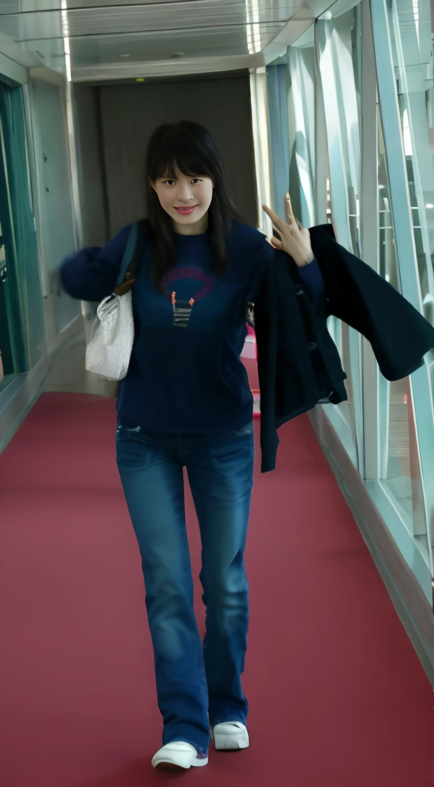 Greedy woman walking down the hallway with handbag and jacket, krystal, full-body xianxia, jia, park jimin, bae suzy, appearing in a shopping mall, kawaii shirt and jeans, in mall, Photo ( far _ Shot ), Korean girl, ( ( ( Wearing jeans ) ) ), ji-min, Lee Ji-eun