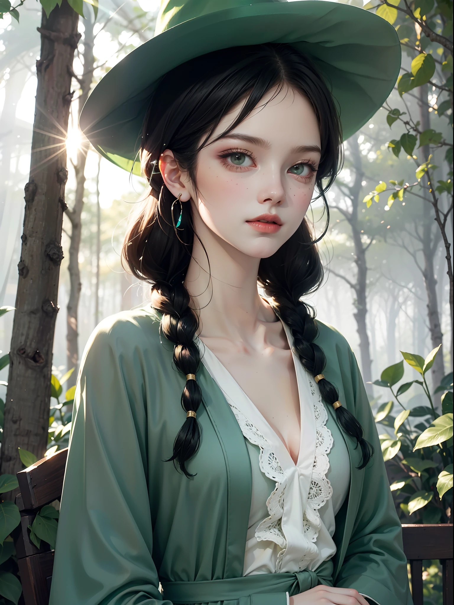 (Simple green witch robe and big green shirt,Cute girl with simple green witch big hat and braid, Cute black hair girl, Approx.10 years old, short height, Dark hair , Green dressing gown, Split lips,Upper body, light Particle, forest, Intense sunlight,Effect of twinkling aerial light,Oversized shirt,lanthanum),masterpiece, top-quality, At 8K, detailed skin textures, Detailed Cloth Texture, beautifull detailed face, intricate detailes, ultra-detailliert, Regina Display, Super Detail, high details, High quality, Best Quality, hight resolution, 1080p, in 8K,