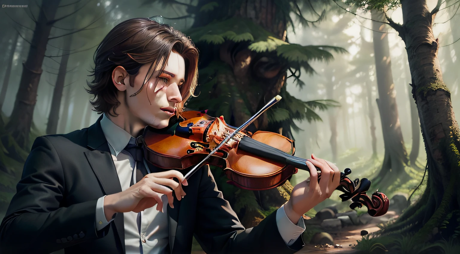Image of a man playing a violin in a forest, Ilustraciones de fondo, Hermosa obra de arte digital, Arte conceptual de invierno, Fantasy violin, Copla Kerem, Taran violinista, musician, por Ludwik Konarzewski Jr, por Krzysztof Boguszewski, by Tadeusz Pruszkówski