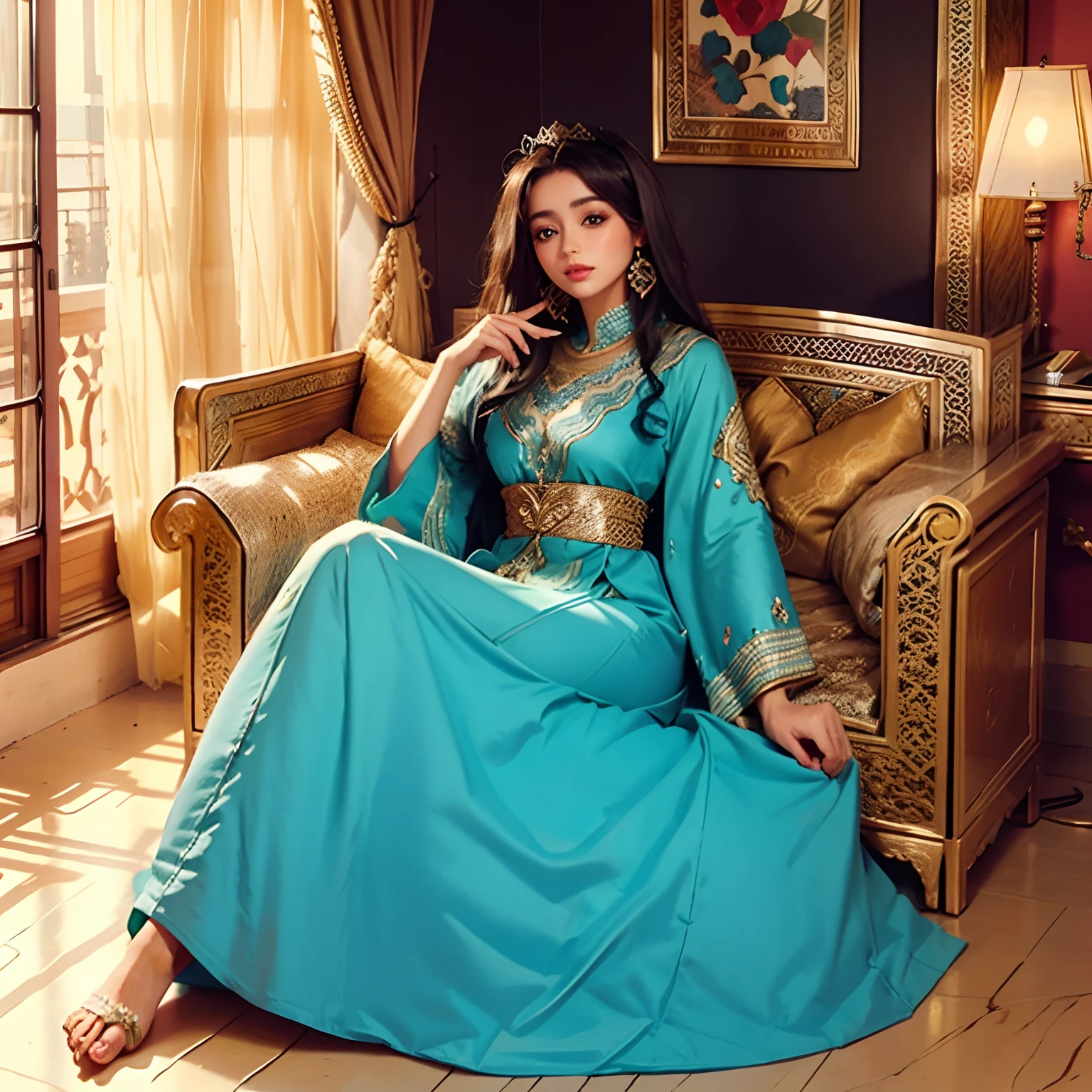 Moroccan princesse full caftan outfit sitting in riad environnement hyper realistic super detailed