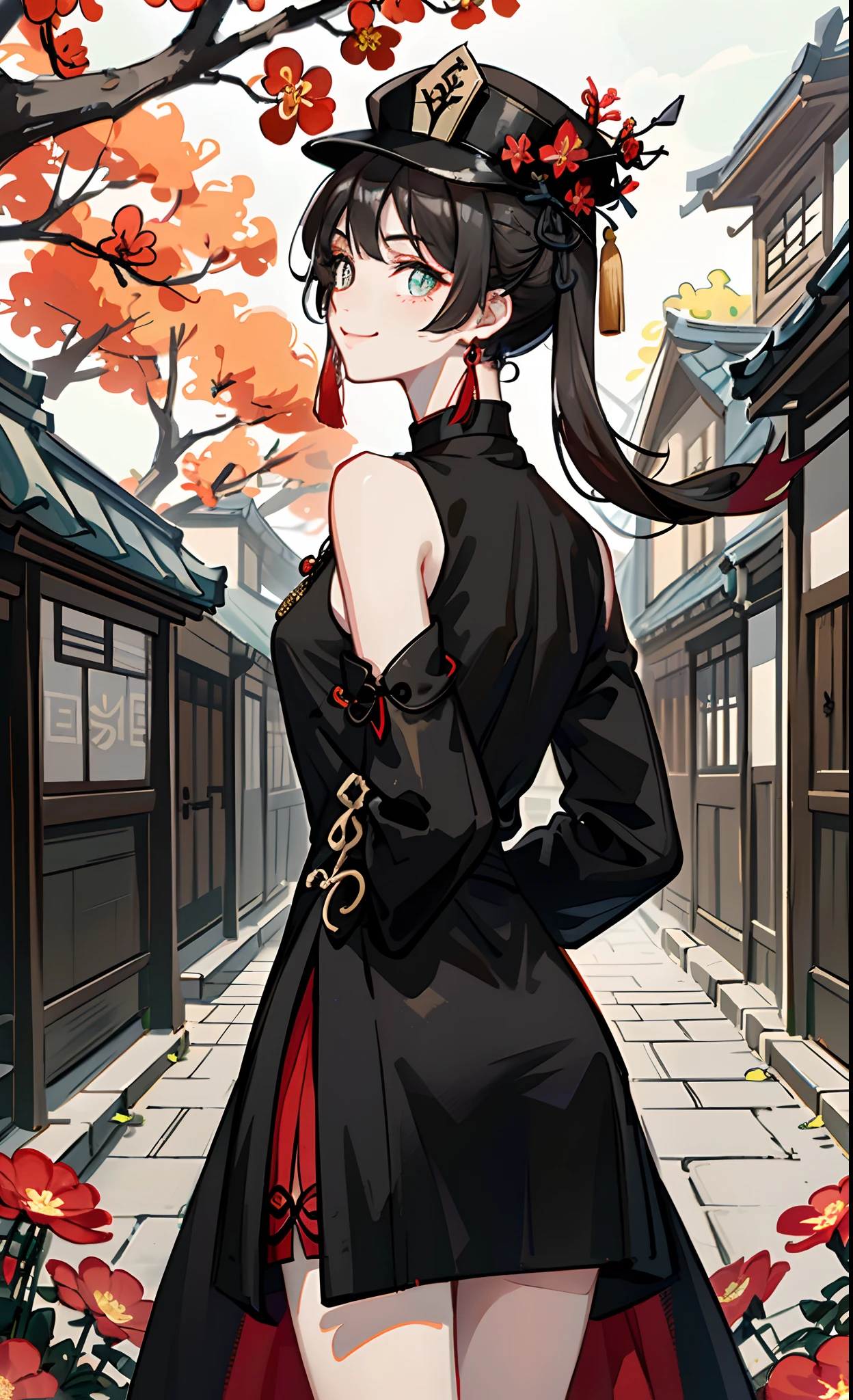 masterpiece, best quality, extremely detailed, hu tao \(genshin impact\), standing, backround is a traditional chinese street, cowboy shot, flower-shaped_pupils, black_choker, (arms behind back:1.2), (smile:0,8), black coat, hat