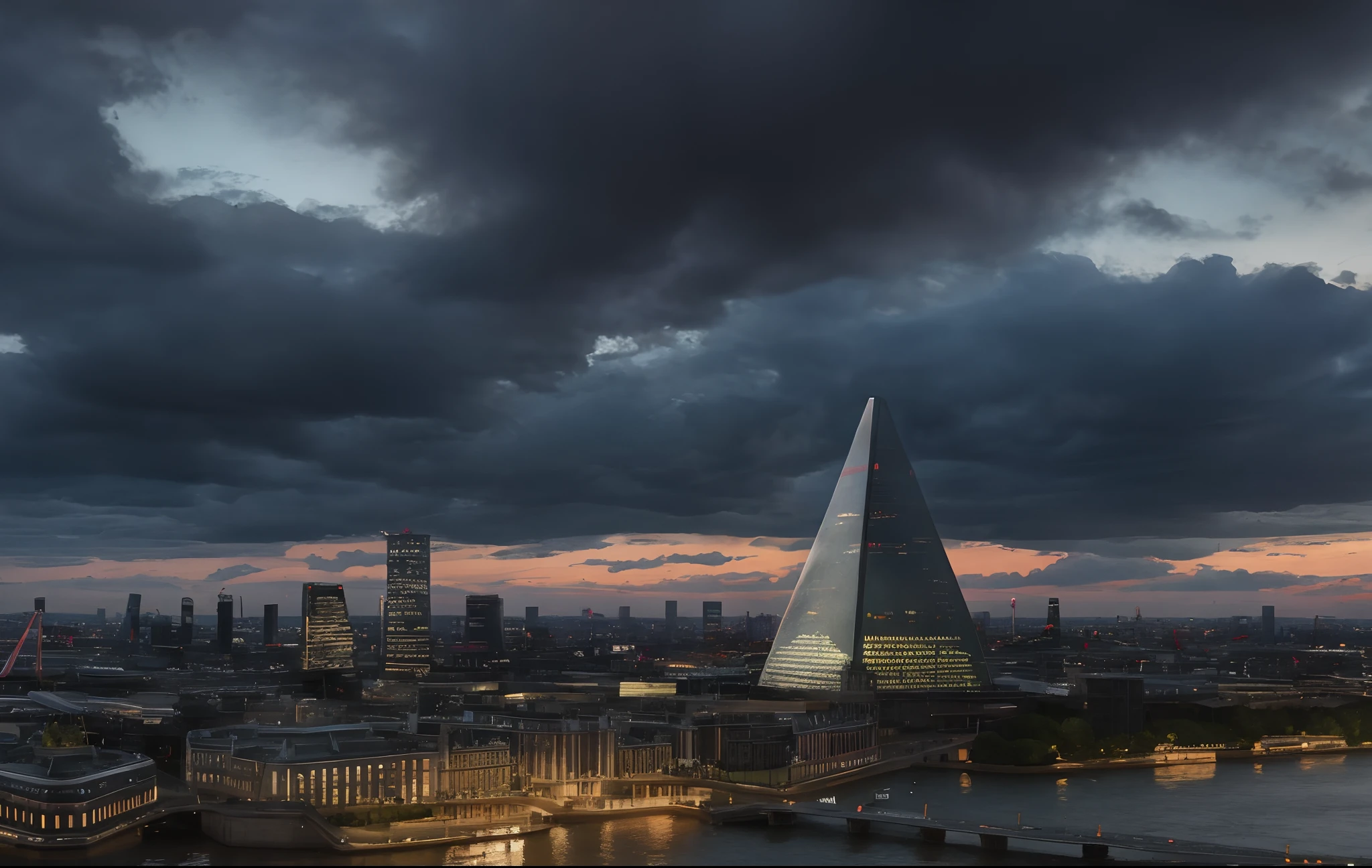 A large modern pyramid-shaped building in London on a cloudy day
