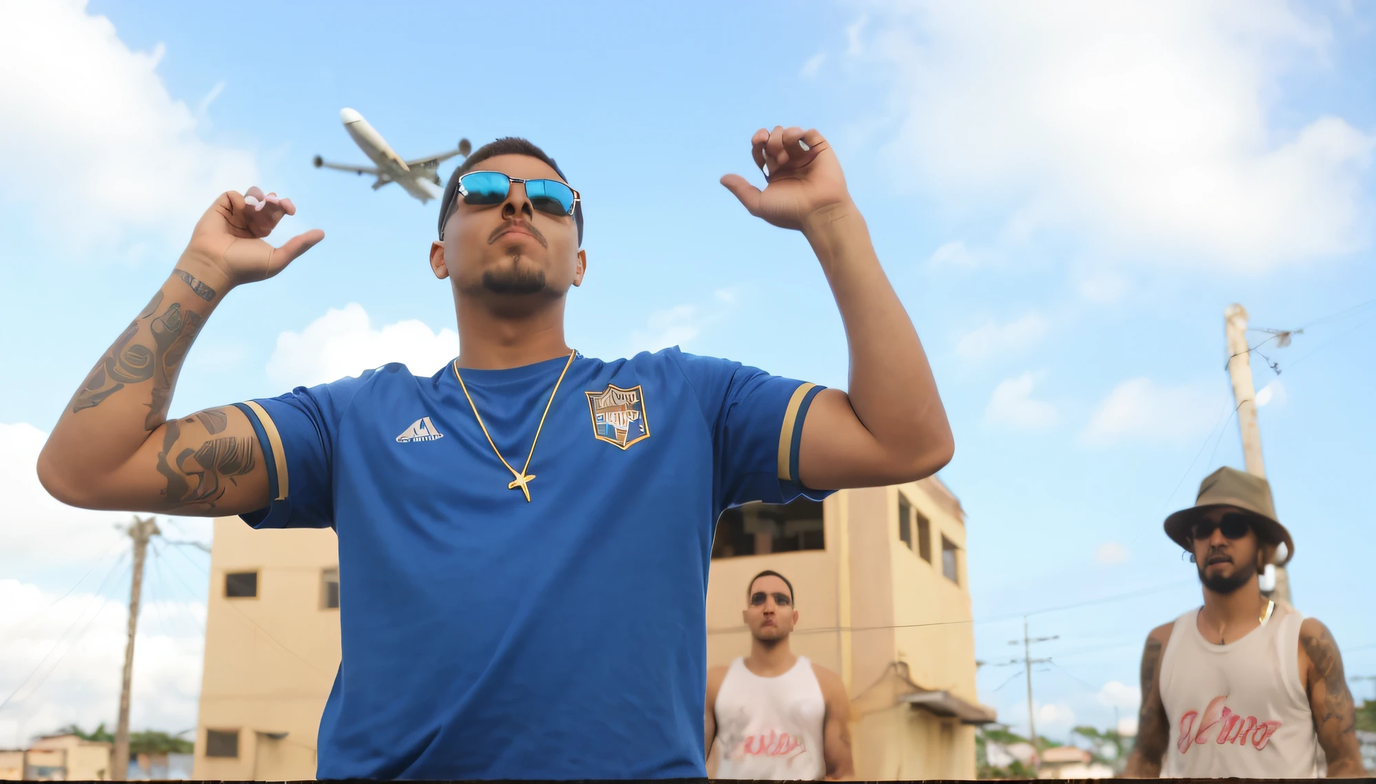 There is a man with a tattoo on his arm and a blue shirt with blue sunglasses, gold cord on neck, atras dele tem 2 pessoas de camisa branca de time de basquete, the one on the right side a brown hat, a outra pessoa ao lado esquerdo uma uma camisa branca de time, cabelo corte americano, atras em segundo plano tem uma casa com primeiro andar da cor bege, The environment in the background is that of a favela, and a plane passing into the sky, Well detailed airplane, 4k