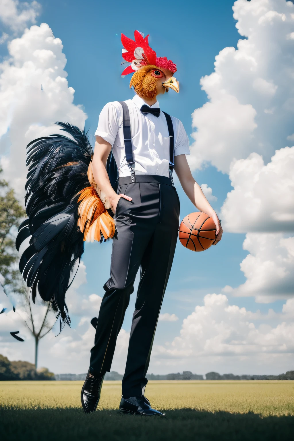 A tail with a lot of feathers，Fluffy tail，The head is covered with a chicken head，The chicken head is covered with a chicken beak，You can see the handsome face，Nice chicken tail，Handsome face