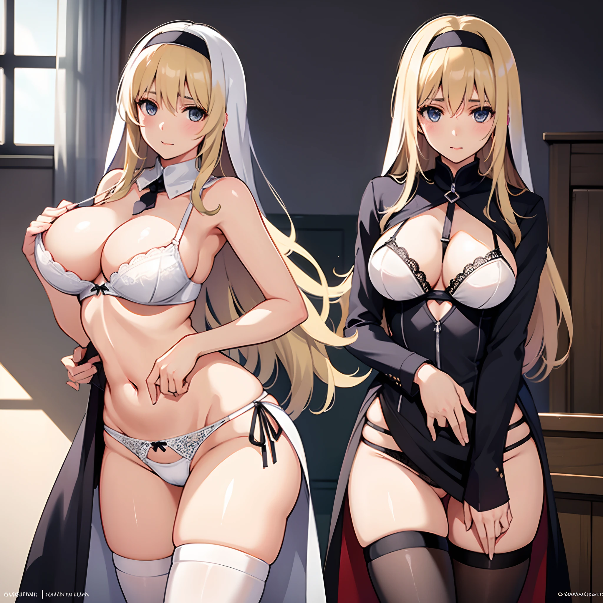 nun,large breasts,(((mature female,adult female))),25 years old,thong,(skirt),2girls,thighhighs,(white bra,white panties), undressing, in room,groin,blush,cleavage,in heat,happy,blonde hair,pov,dominatrix