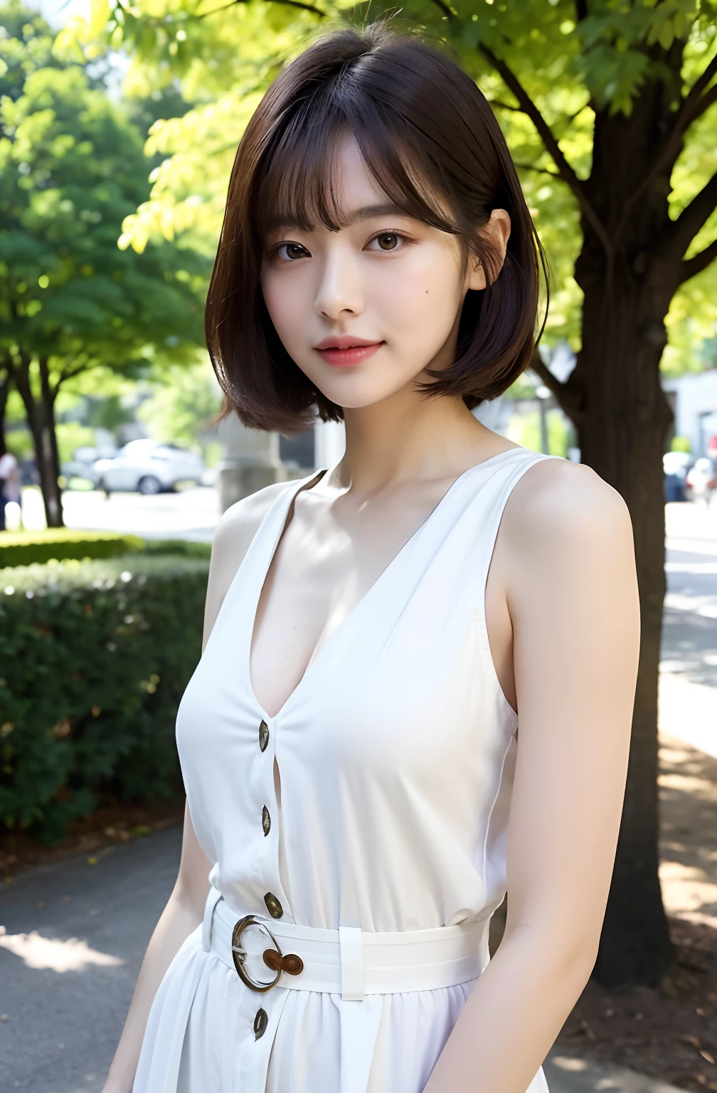 ((8K:1.27)、top-quality、​masterpiece、超A high resolution:1.2)Photo beautiful Chinese woman(pleasing:1.1) (The shirt:1.21) Elegance、There is a good、Gradient lighting、1girl in、Delicate skin、Look here、Brown-eyed、(short hair with bangs:1.2)、(Medium chest:1.0)、(medium areola:0.8)、(realisitic:1.4)、(top-quality:1.0)、(超A high resolution:1.0)、8K、Raw photography、(​masterpiece:0.2)、(pureerosface_v1:0.5)、 You can clearly see the shape of the chest、Tight-fitting dresses for the body、a belt、Roll Color、Large buttons、Front opening、Red-brown dress、retro design、moderno、Sleeveless、Kamimei、excited expressions、Red cheeks、want me、Staring at this、erect through、the morning sun、The sun is dazzling、Omotesando、Street Trees、Fashionable city、subject、Lean、、Watched、smil、