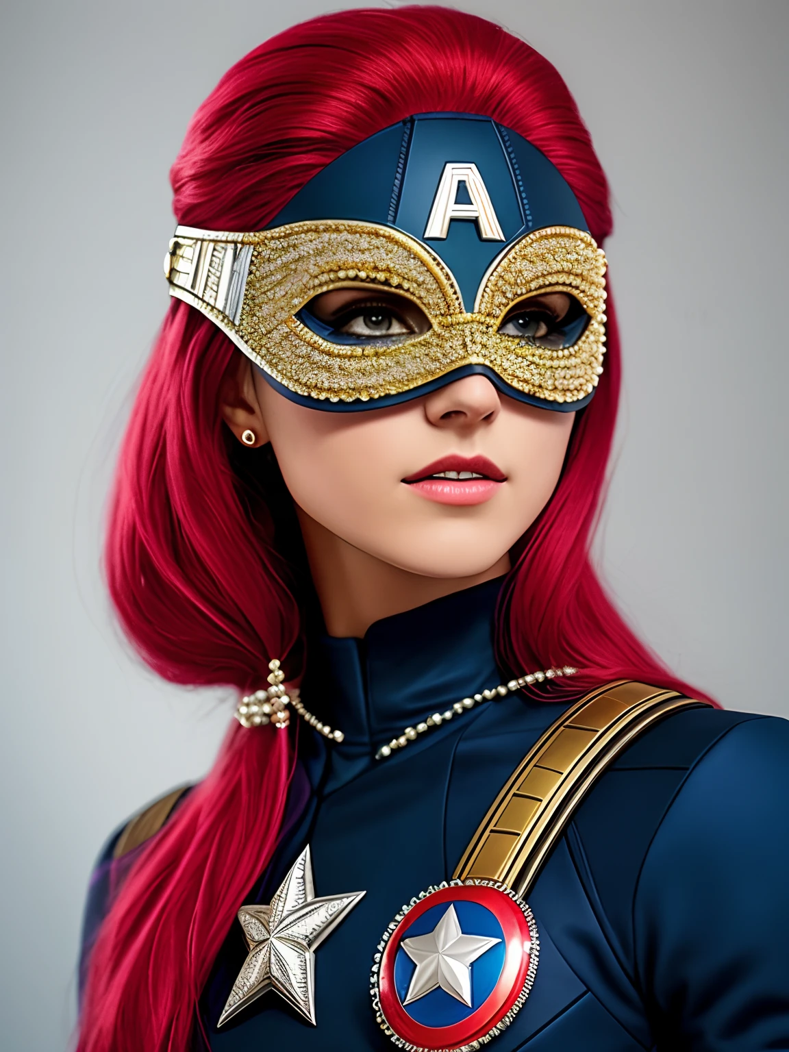 fechar-se, era vitoriana, captain America mask, cinematografia, handmade, elegante, meticuloso, magnifica, maximum details, extremely hyperaesthetic, intricadamente detalhado, muito ouro, diamante, Ruby and pearls, cinematic light and black background