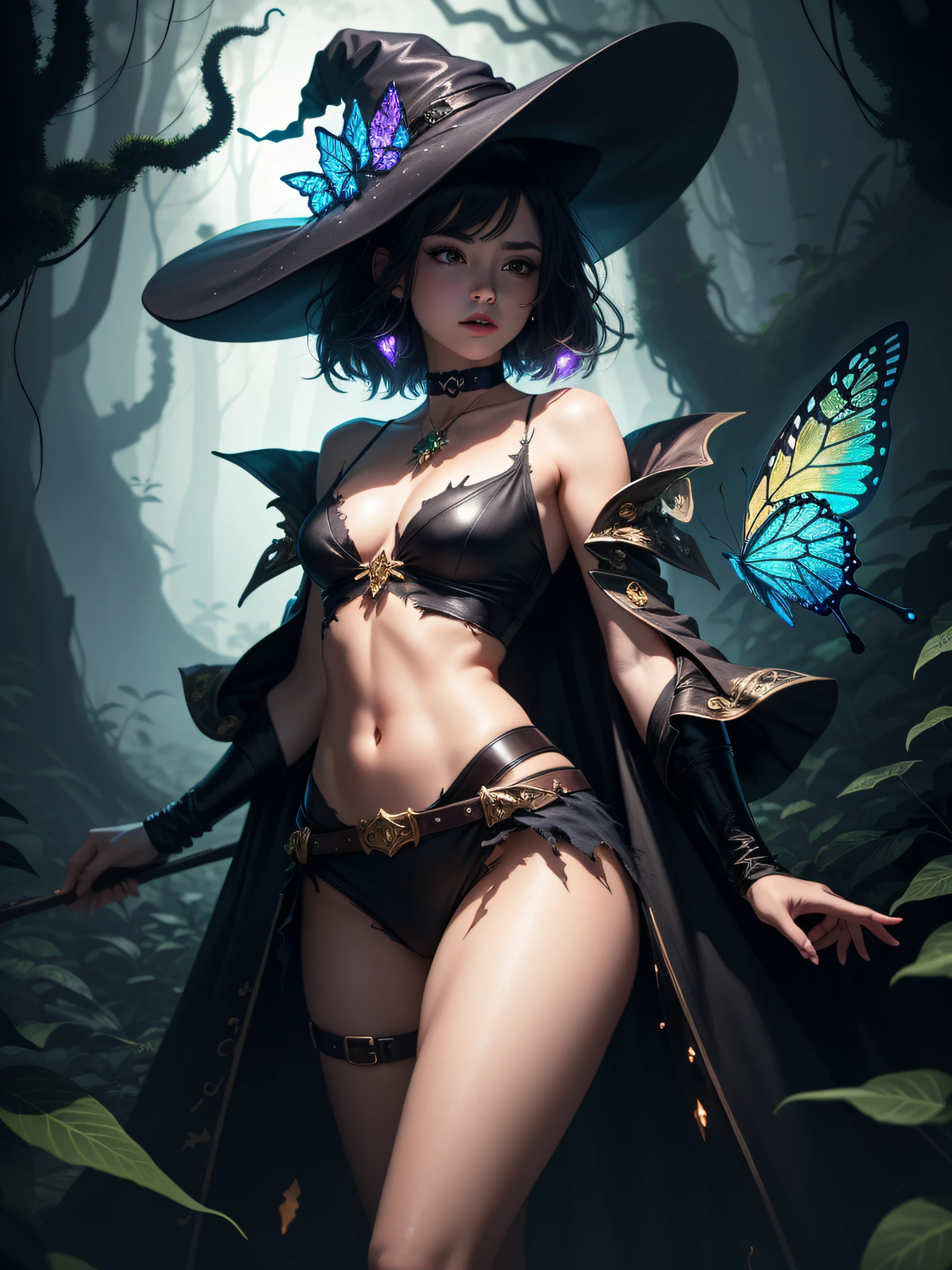 sexy full shot body photo of the most beautiful artwork in the world, illustration, cinematic light, fantasy, highres, highest quallity, ultra detailed, best quality, masterpiece, (detailed face), sexy mature woman wears a shirt and (torn) fullbody (transparent galaxy) cloths coat, floating cloth, choker, glowing (elder underworld fantasy) forest plants with neon details, open shoulders, tiny glowing butterfly, hair jewery, wearing a torn witch hat, (focus on body:1.25), night, small mutated animals in background, torn mini skirt ,a potion on hip, shoulder pads emitting magic energy, cameltoe, dark, light reflection