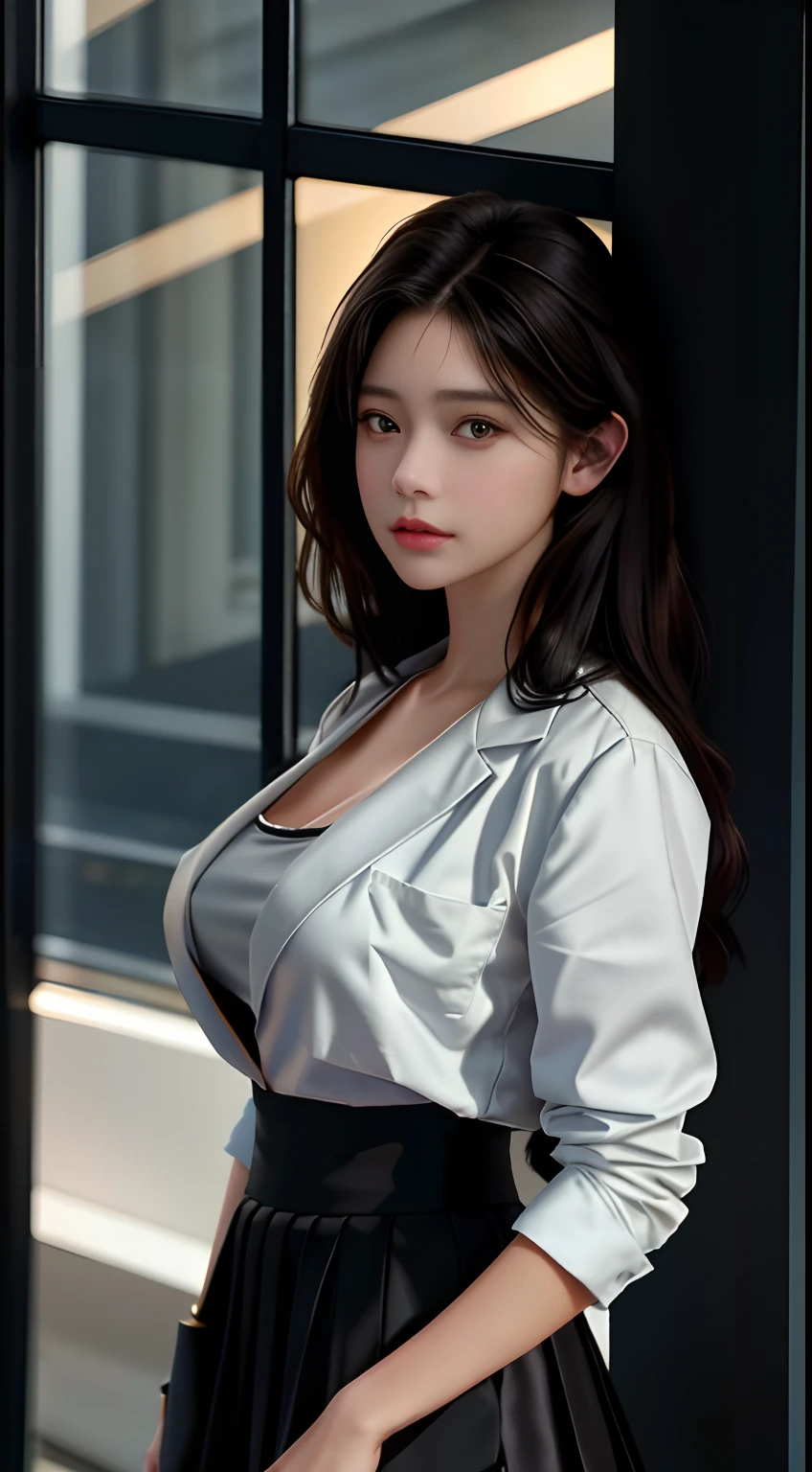 best quality, masterpiece, 1girl, Beautiful face, (photo realistic:1.3), rim lighting, (high detailed skin:1.2), 8k uhd, dslr, high quality, high resolution, 4k, 8k, Bokeh,  absurdres, best ratio four finger and one thumb, (realistic:1.3), cute 1girl, wearing black formal blazer, medium breasts, short skirt,