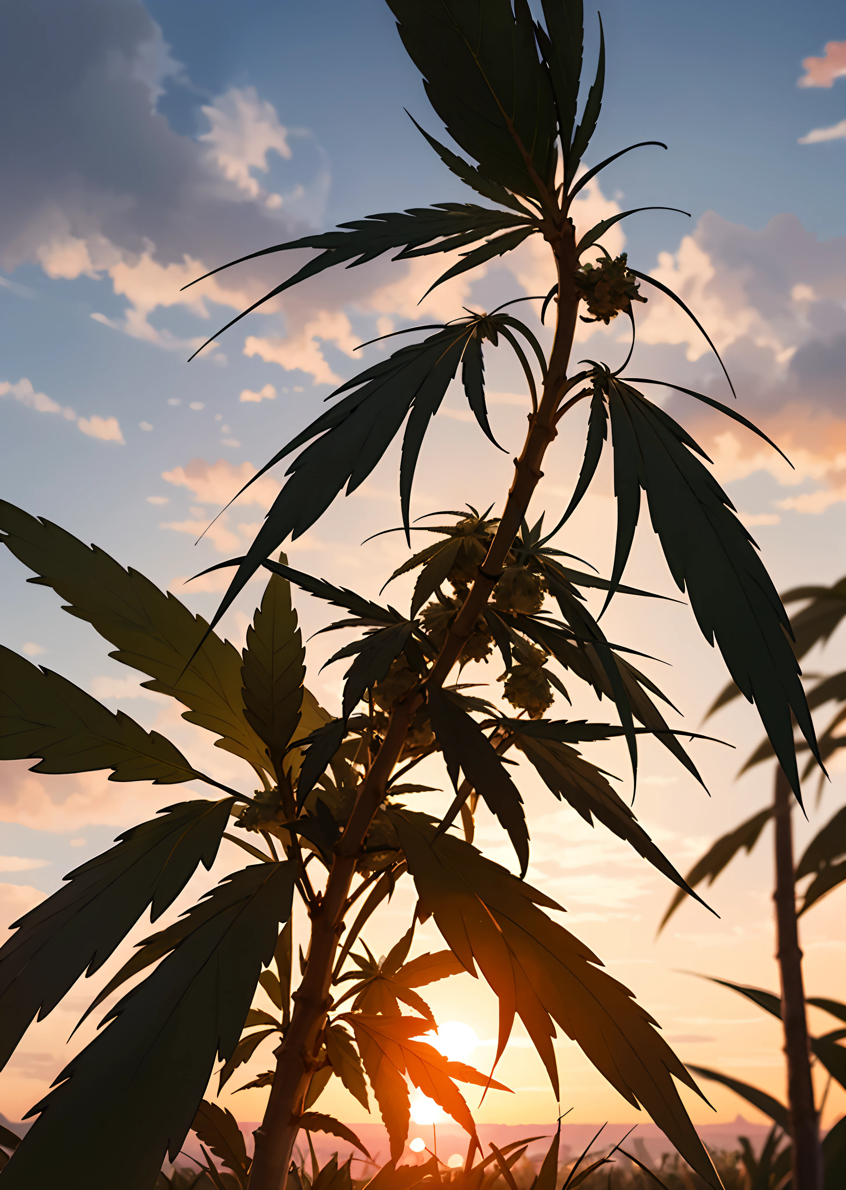 cannabis,buds,sunset,backlight,best quality, masterpiece, ultra high res, (photorealistic:1.4)