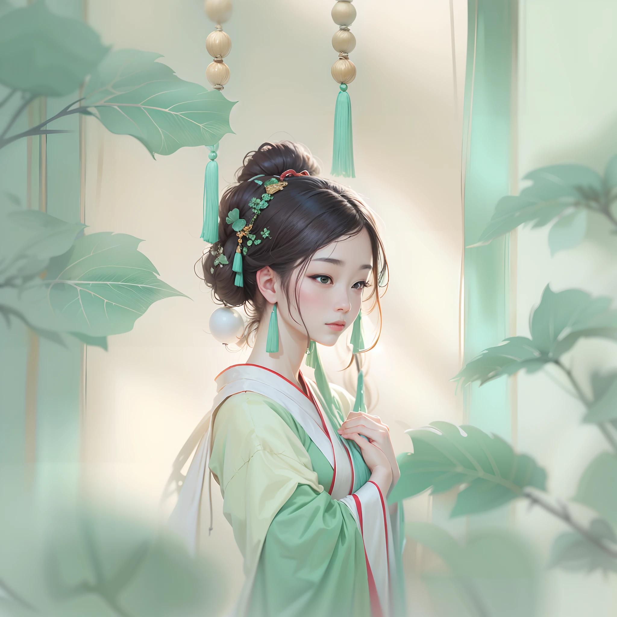 by zhao ji, high quality, 8k, high resolution, high detailed, 1 hanfu girl head,Silk Hanfu, behind silk curtains,Oriental elements,simple background, mint green, minimalism painting, simple shapes, clearn smooth outline, (Soft Lighting, Bokeh)