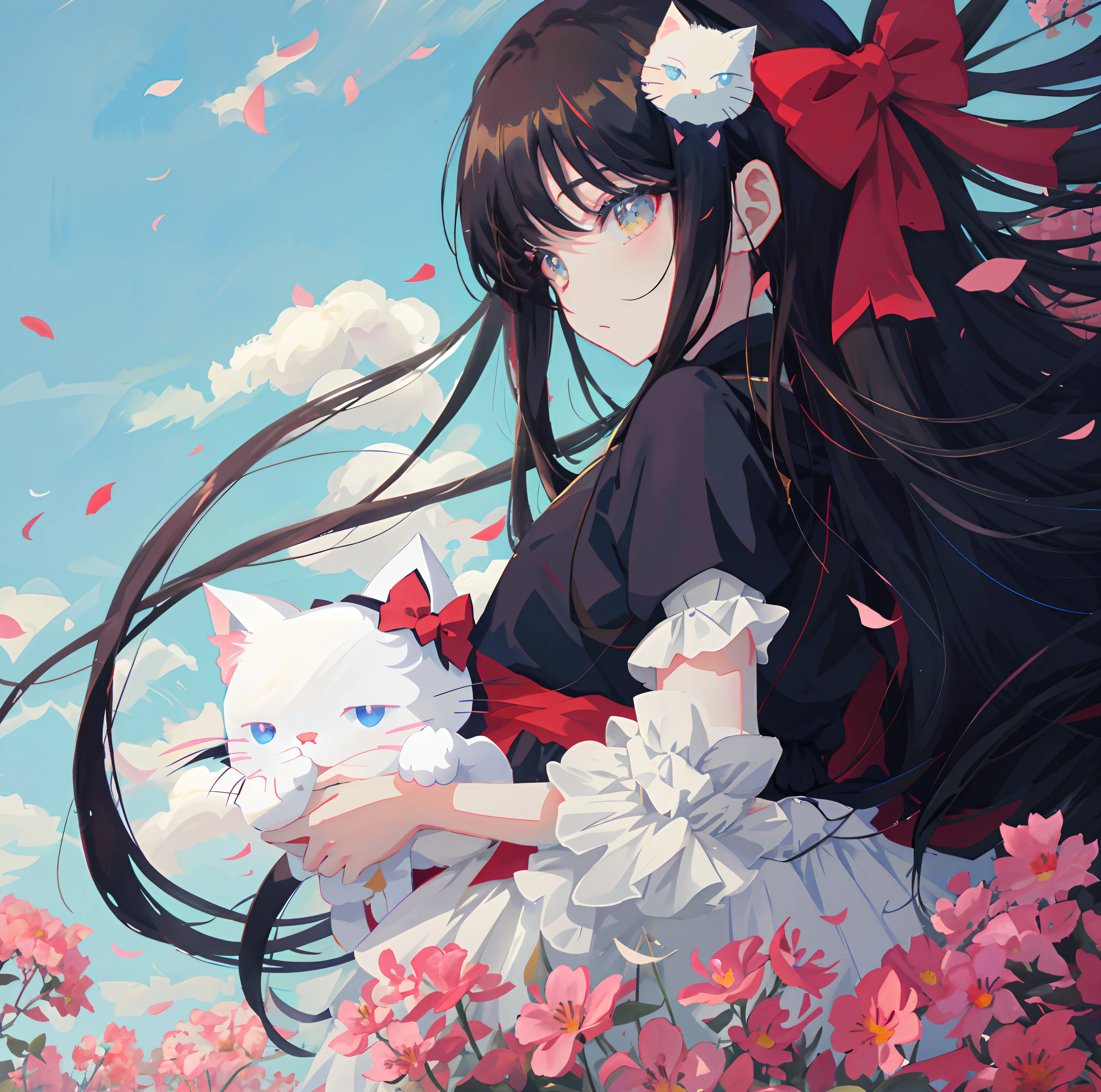 Anime girl with long black hair holding a white cat in a flower field, style of anime4 K, Very beautiful anime cat girl, beautiful anime catgirl, Anime art wallpaper 4 K, Anime art wallpaper 4k, Anime art wallpaper 8 K, Anime wallpaper 4 k, Anime wallpaper 4K, 4K anime wallpaper, Beautiful anime, anime girl with cat ears