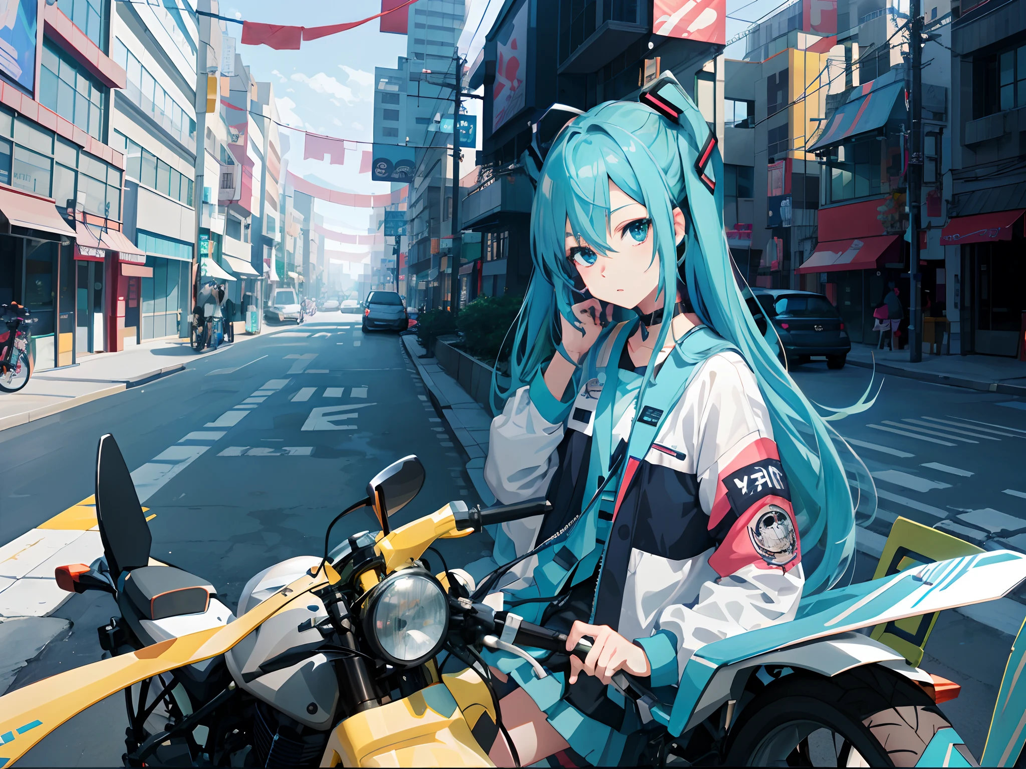 Blue-haired anime Hatsune Miku sitting in a chair on a city street, Motorcycle suits,Short white dress,White stockings anime style 4 K, Anime wallpaper 4K, Anime wallpaper 4 k, Badass anime 8 K, 4K anime wallpaper, mikudayo, Anime girl with teal hair, Anime style. 8K, Anime art wallpaper 8 K, Anime art wallpaper 4k, Anime art wallpaper 4 K
