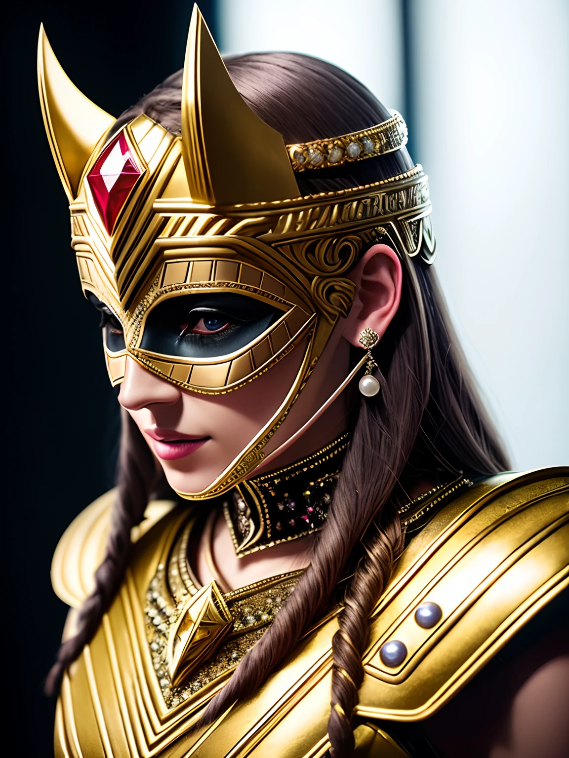 fechar-se, era vitoriana, Thor mask, cinematografia, handmade, elegante, meticuloso, magnifica, maximum details, extremely hyperaesthetic, intricadamente detalhado, muito ouro, diamante, Ruby and pearls, cinematic light and black background
