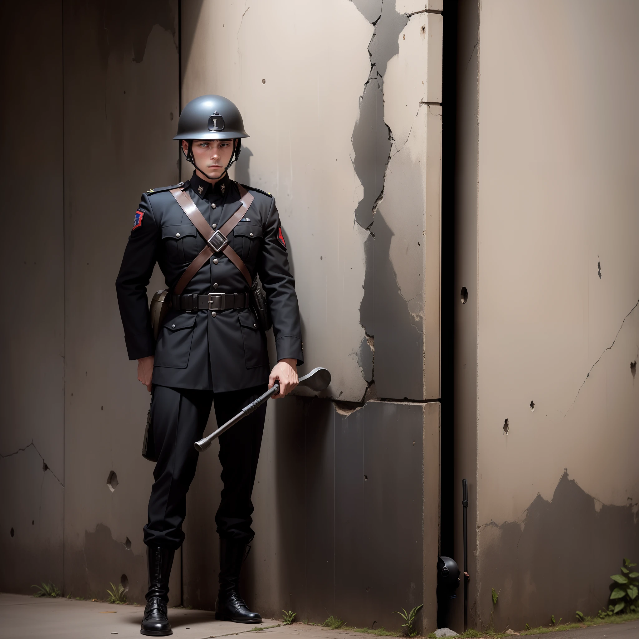 A soldier wearing a black uniform with a black WWII helmet holding a club and leaning against a wall outside a building, distopia