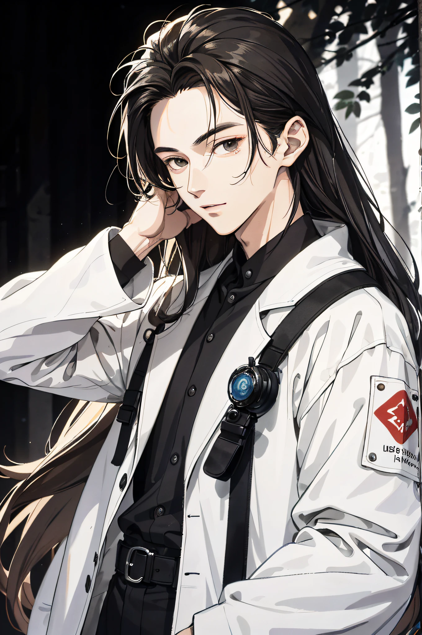 Absurd, High definition, Super detailed, Texture details, clear presentation, HD details, detail performance, Fine details, Clear face, Fix accurately, ((cabelos preto e longos))、long whitr hair、18-year-old man, Handsome, Tall,Soft smile、Slightly muscular,(Clear eyeballs), (1 person: 1.3), handpainted, Simple lines, (An 18-year-old man wearing a white Chinese suit), foggy forest、The upper part of the body,Exocet suit