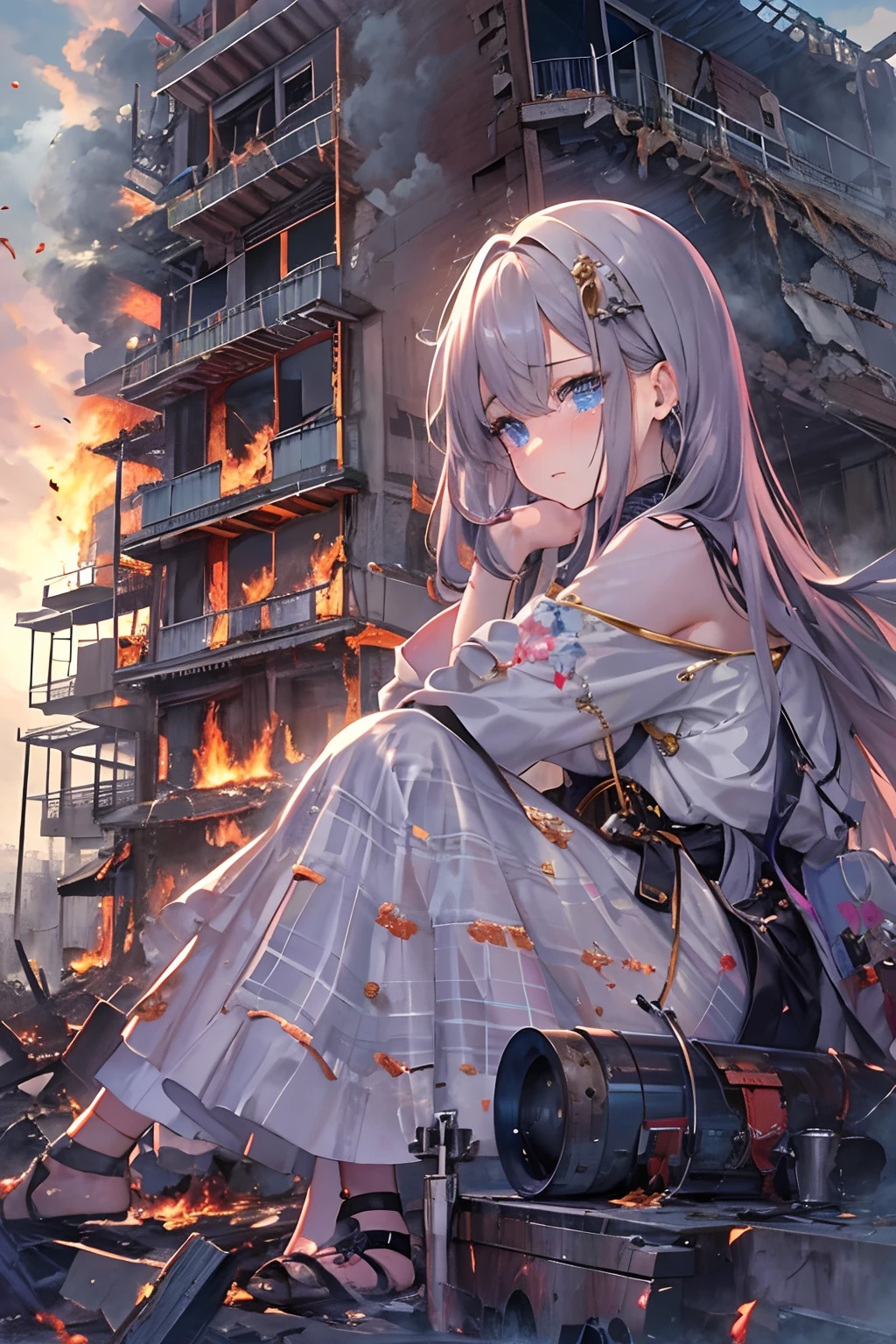 (masterpiece、top-quality、top-quality、Official art、Beautifully Aesthetic:1.2)、(1girl in)、ighly detailed、(Fractal Art:1.3)、colourfull、highestdetailed、Machine girl with tears in her eyes、Staring at the burning city。Tears flowed from her eyes、Tears have a metallic shine。Her expression was sad.、Melancholy at the same time.、Depicted as a contrast to the surrounding destruction。Burning buildings and smoke rise in the background、Although the devastated scenery spreads out、In it, Her presence manifests itself in strength and sentimentality.、