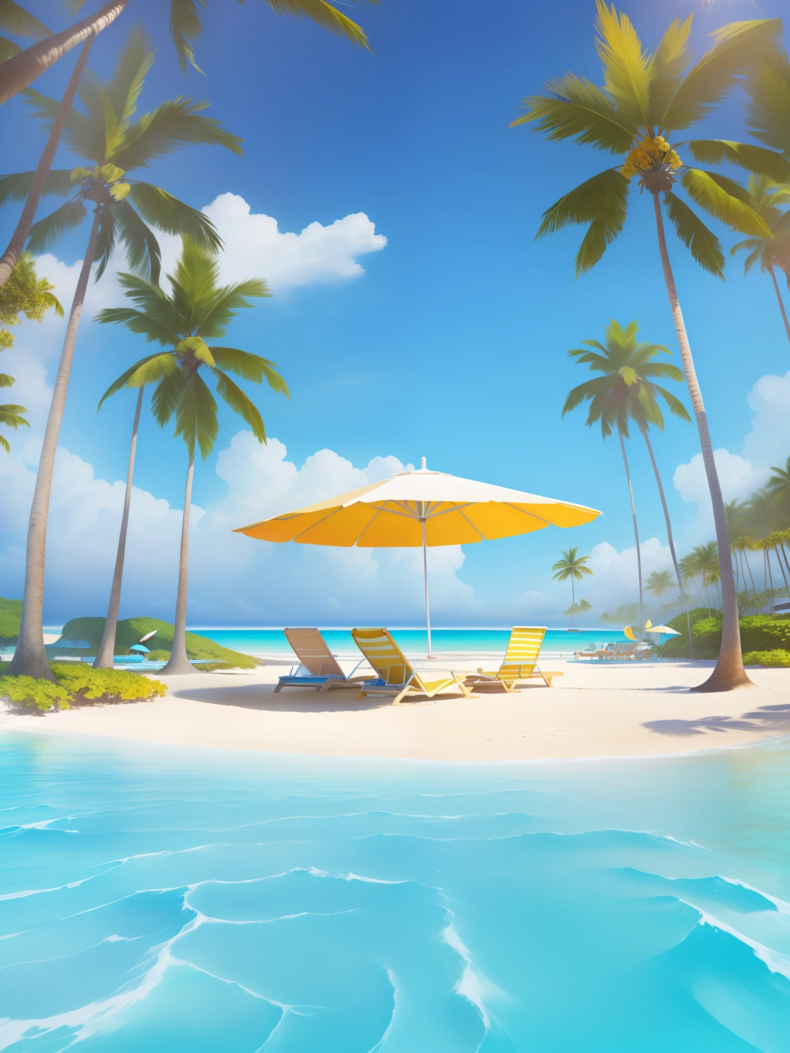 There are two deckchairs under the umbrella on the beach, tropical beach paradise, paradise in the background, Relaxing concept art, sunny day at beach, yellow parasol, Tropical beaches, Tropical paradise, Beach background, tropical location, beach setting, serene beach setting, at a tropical beach, Beautiful wallpaper, amazing wallpapers, tropical background, beach setting medium shot