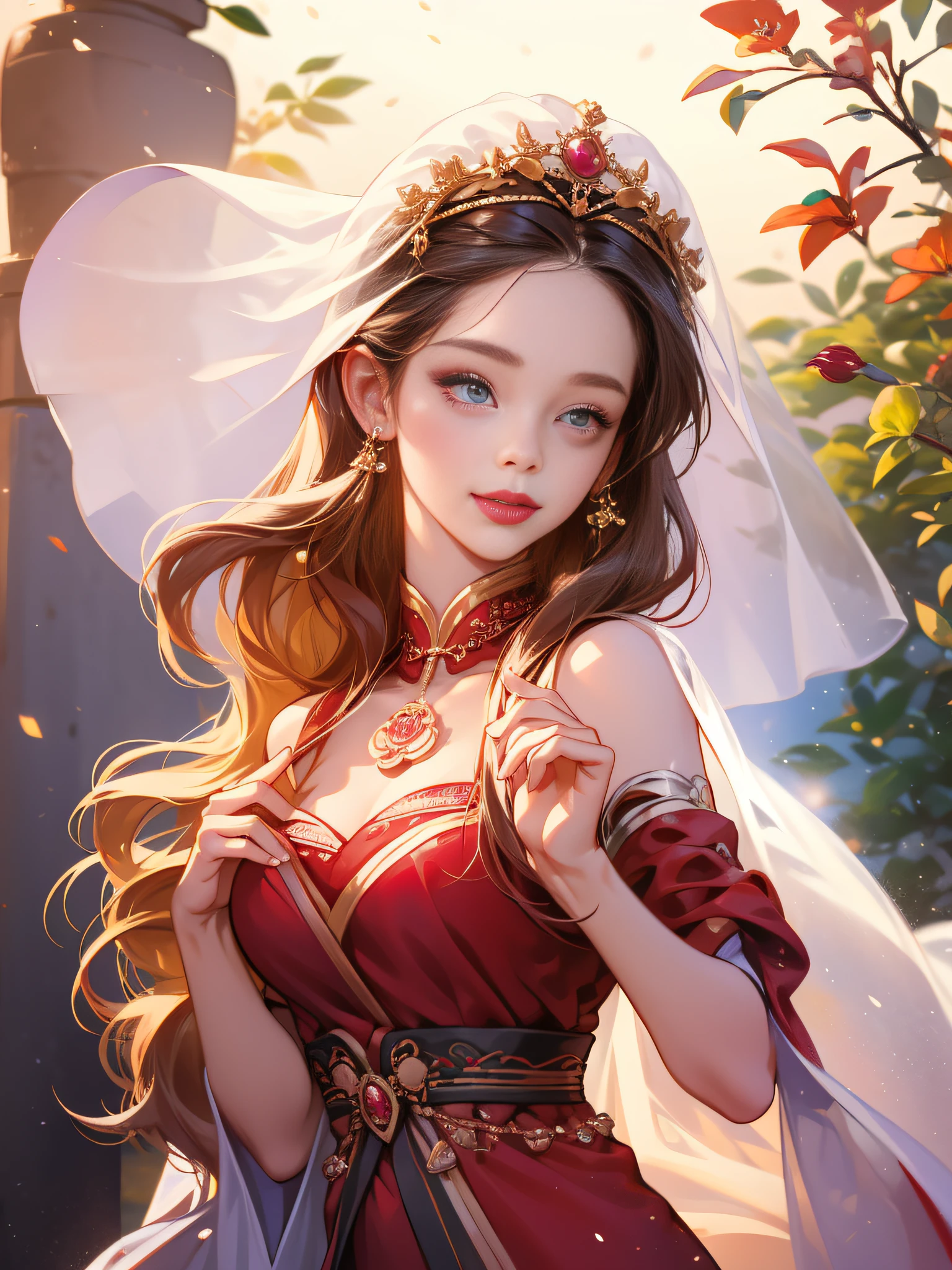 Long Light Hair,close to face,Chinese big eyes girl with lipstick on her lips, Realistic scene style, Light pink and light maroon, Bouquet in hand,Wearing a veil,Smiling,I can't believe how beautiful this is, pixar-style, pixar-style, pixar-style, pixar-style,Light white and dark pink, cartoon character,Exquisite facial features,s delicate face。