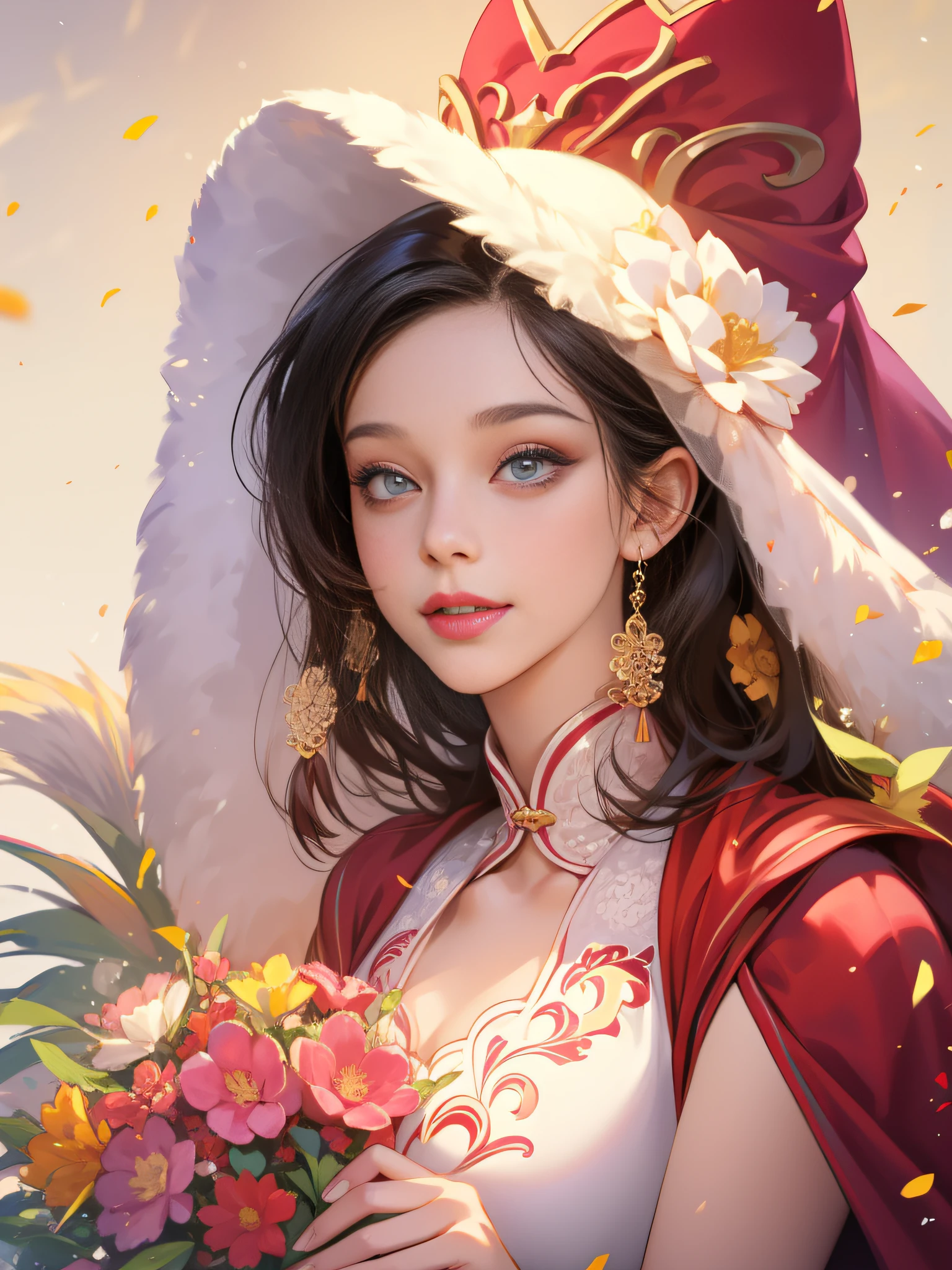 Long Light Hair,close to face,Chinese big eyes girl with lipstick on her lips, Realistic scene style, Light pink and light maroon, Bouquet in hand,Wearing a veil,Smiling,I can't believe how beautiful this is, pixar-style, pixar-style, pixar-style, pixar-style,Light white and dark pink, cartoon character,Exquisite facial features,s delicate face。