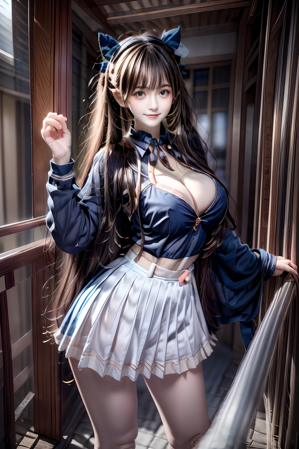 top-quality、​masterpiece、超A high resolution、(Photorealsitic:1.4)、Raw foto、1 girl in、a blond、full body Esbian、large full breasts、Ultra exposed cleavage、erotick、Erotic look、gargantilha、二重まぶた、Loose and fluffy perm、semi long hair、student clothes、a miniskirt、JK Ribbon、Thin, Skinny clothes、Smiling smile
