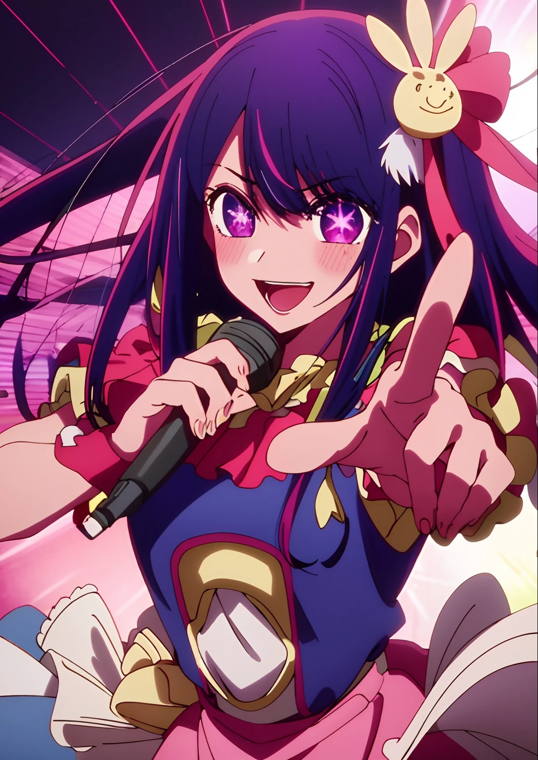 masterpiece、ighly detailed、(1 girl in:1.2)、purple color hair、pink dress、big eye、a closeup、A smile、8K、Ai Hoshino、Live performance venue、