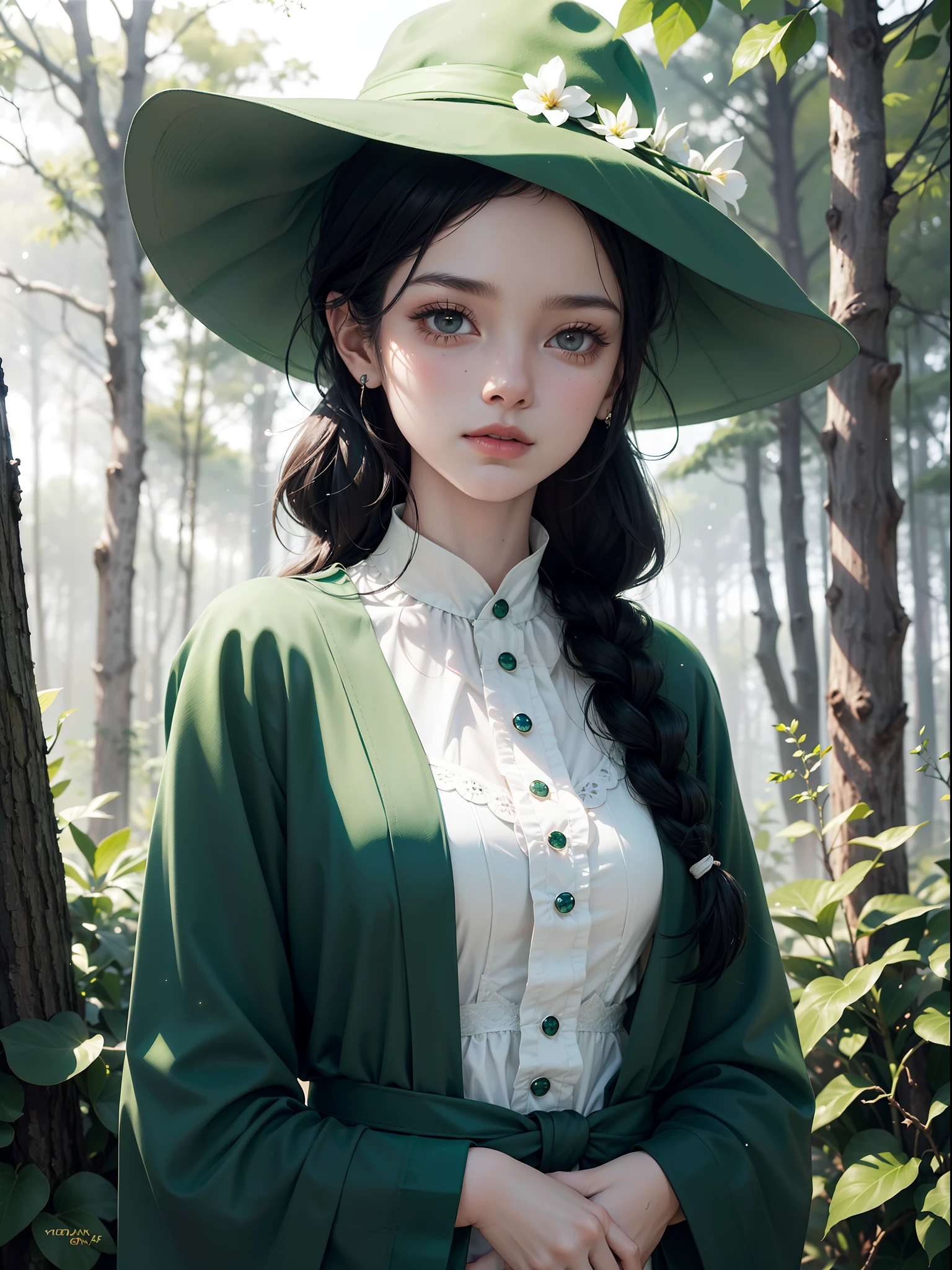 (Simple green witch robe and big green shirt,Cute girl with simple green witch big hat and braid, Cute black hair girl, Approx.10 years old, short height, Dark hair , Green dressing gown, Split lips,Upper body, light Particle, forest, Intense sunlight,Effect of twinkling aerial light,Oversized shirt,lanthanum),​masterpiece, top-quality, detailed skin textures, Detailed Cloth Texture, beautifull detailed face, intricate detailes, ultra-detailliert, Regina Display, Super Detail, high details, High quality, Best Quality, hight resolution, 1080p, in 8K,