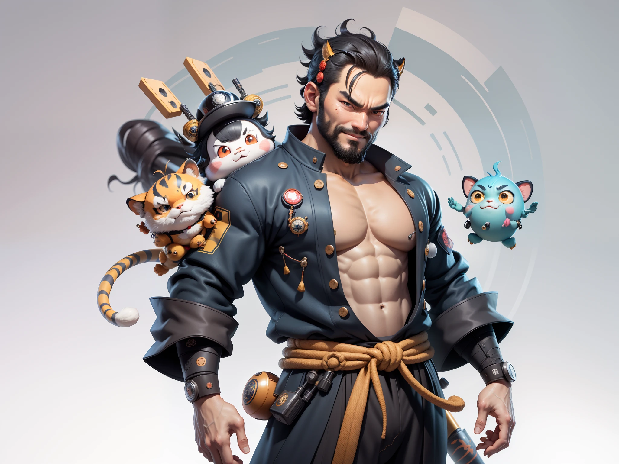 (Daisaku),(Need),(Super meticulous),(full bodyesbian:1.2),Super young man with Japanese geisha，Beautiful，orient，one tiger，Aeolian Thor，Raised sexy，爆乳，Oriental face，TV Anchor，Bust portrait illustration，In black suit，a blue tie，The face is slightly chubby，The face was clean，without a beard，Black super short hair，Black eyes，Smile confidently，3C computer sub-products，iPad， iphone，Digital painting，3D character design by Mark Clairen and Pixar and Hayao Miyazaki and Akira Toriyama，The illustration is a high-definition illustration in 4K resolution，With very detailed facial features and cartoon-style visuals。