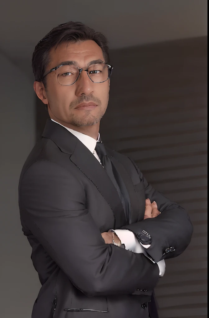 Realistic,  (masterpiece, best_quality:1.1), a man wearing glasses  standing in front of a glass door with a cross on it, zegna, Drop+7, Double vents, Notch lapels, Flap pockets, 2-button closure, Fully lined, Deconstructed, 100%+Wool, Grey, suits, young, wearing a undercloth and tie, oxford knot