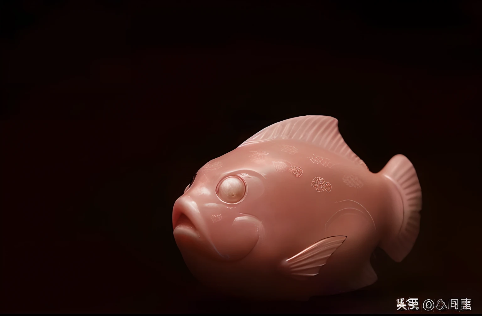 There is a pink fish-shaped object on the black surface, author:Ann Text, ancient fish, jinyiwei, yanjun cheng, author:Shi Zhonggui, 4 0 9 6, daoshu, qiangshu, tang mo, carved from sapphire stone, shaxi, author:Wu Zhen, author:Pan Tianshou, 1/320