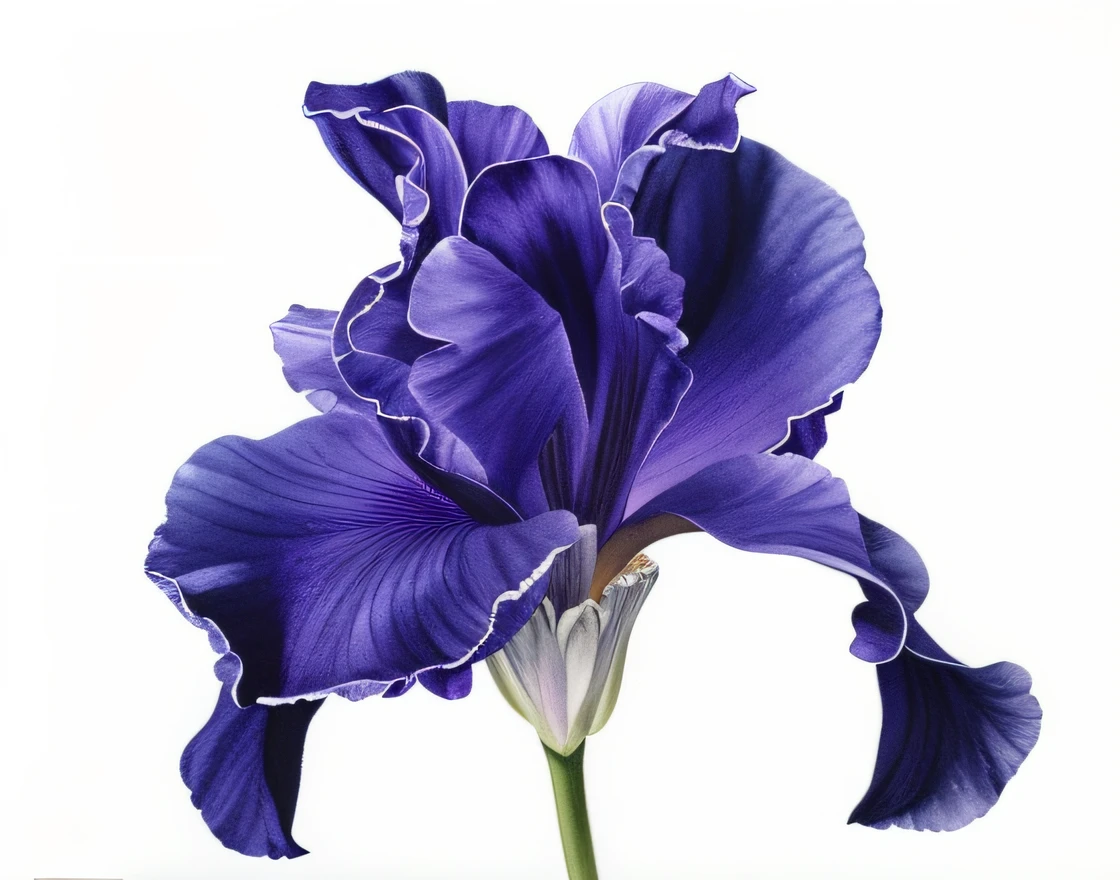 Painting of a purple iris flower with a white background, irises, Blue iris, encompass violet irises, wide irises, Iris Compiet, irises, Anniferous irises, botanical art, blue eyes blue irises, Directed by: Hermione Hammond, Aquarela realista, round iris, Directed by: Anne Dunn, botanical art, por Phyllis Ginger, very realistic, Directed by: Tracy Harris