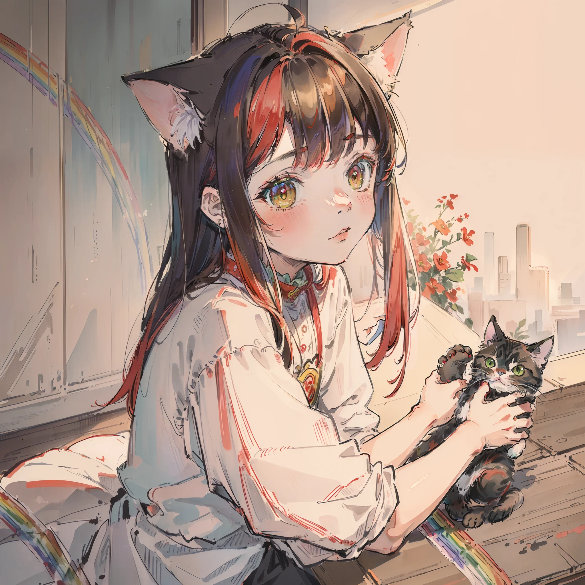 ((Best quality1.2))、((​masterpiece))、((doress))、rot((rainbow-colored hair))、((Take a cute cat 1.5))、