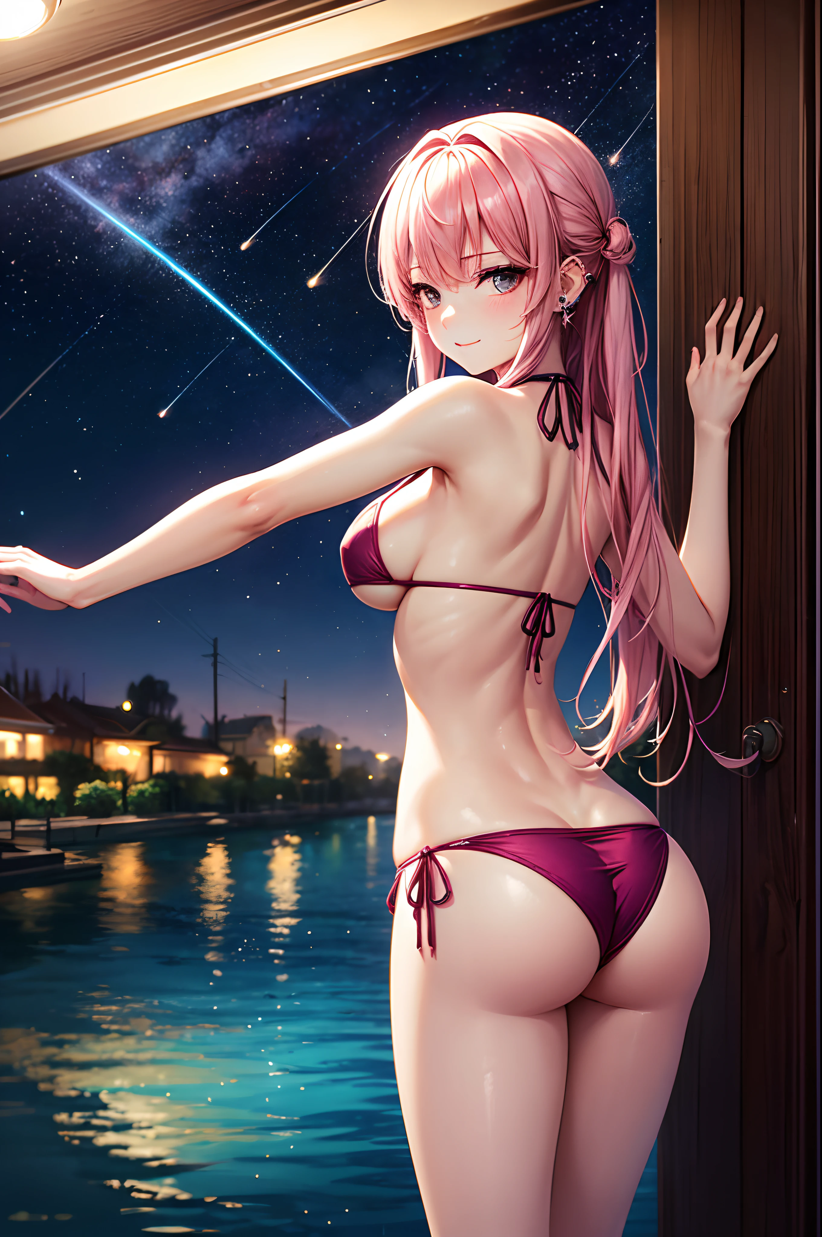 realisitic、top-quality、女の子 1 人、20yr old、Pink hair、piercings、Shy face、Fancy Bikini、beautiful boob 、sexypose、s ass、Near the river at night、Particles of light、profetional lighting、shooting stars、wall-paper、