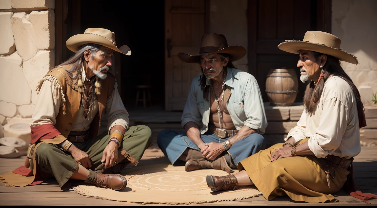 old west - cowboys talking with Apache ndians and the Chief of the tribe. Sitting on the floor in a circle -- Realistic -- Color --