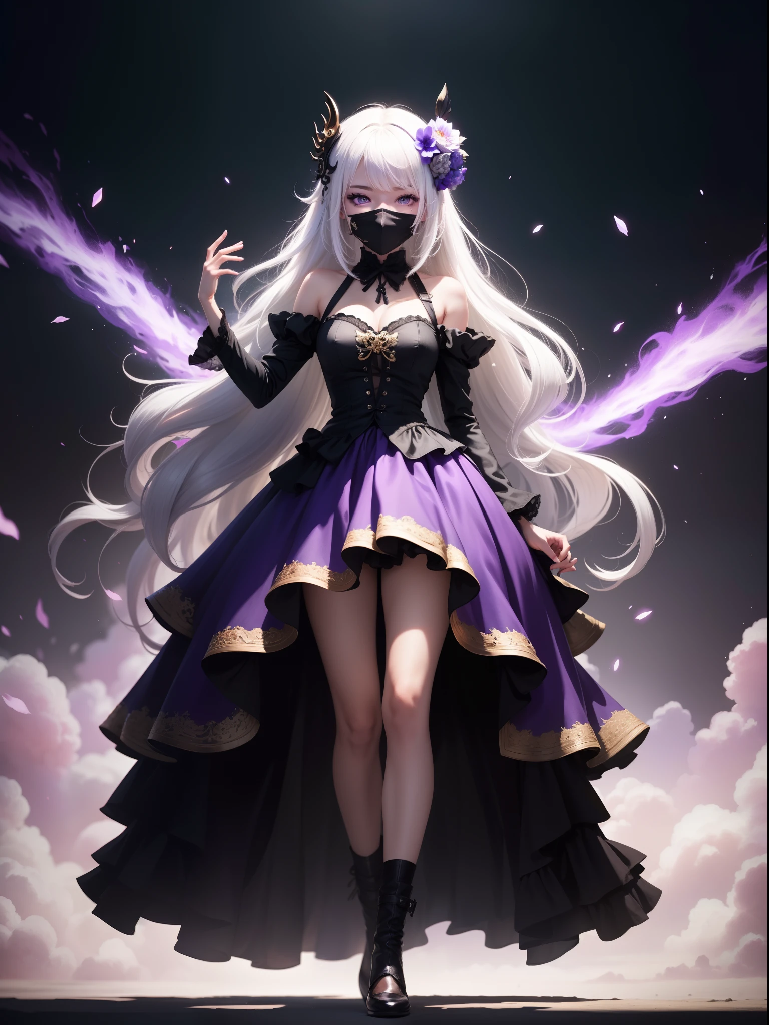 "1girl | white hair | multicolored hair | purple eyes | mask on head | sidelighting | light particles | wallpaper | full body"