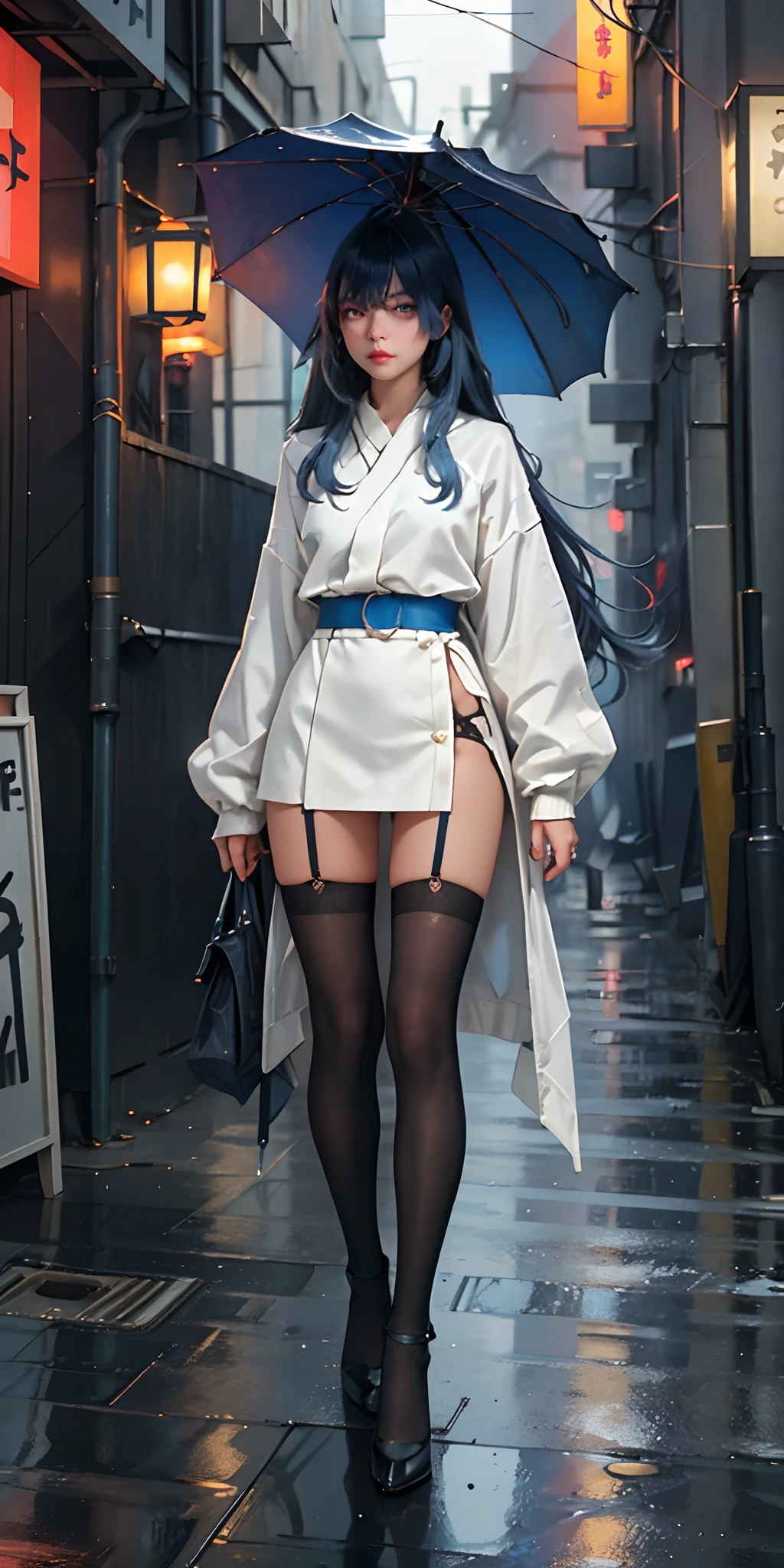 (best quality, masterpiece: 1.3), 1girl, rainy day, fog, alley, umbrella holding, large and transparent umbrella, looking at the viewer, blue hair, facing the photo, cyberpunk city, alone in the alley, neon in the alley, very reflective city, long hair, sized strands going over the alley, bars, Japan, Tokyo, garter belt on one leg, knee pad on the other leg, perfect hand, delicate, night