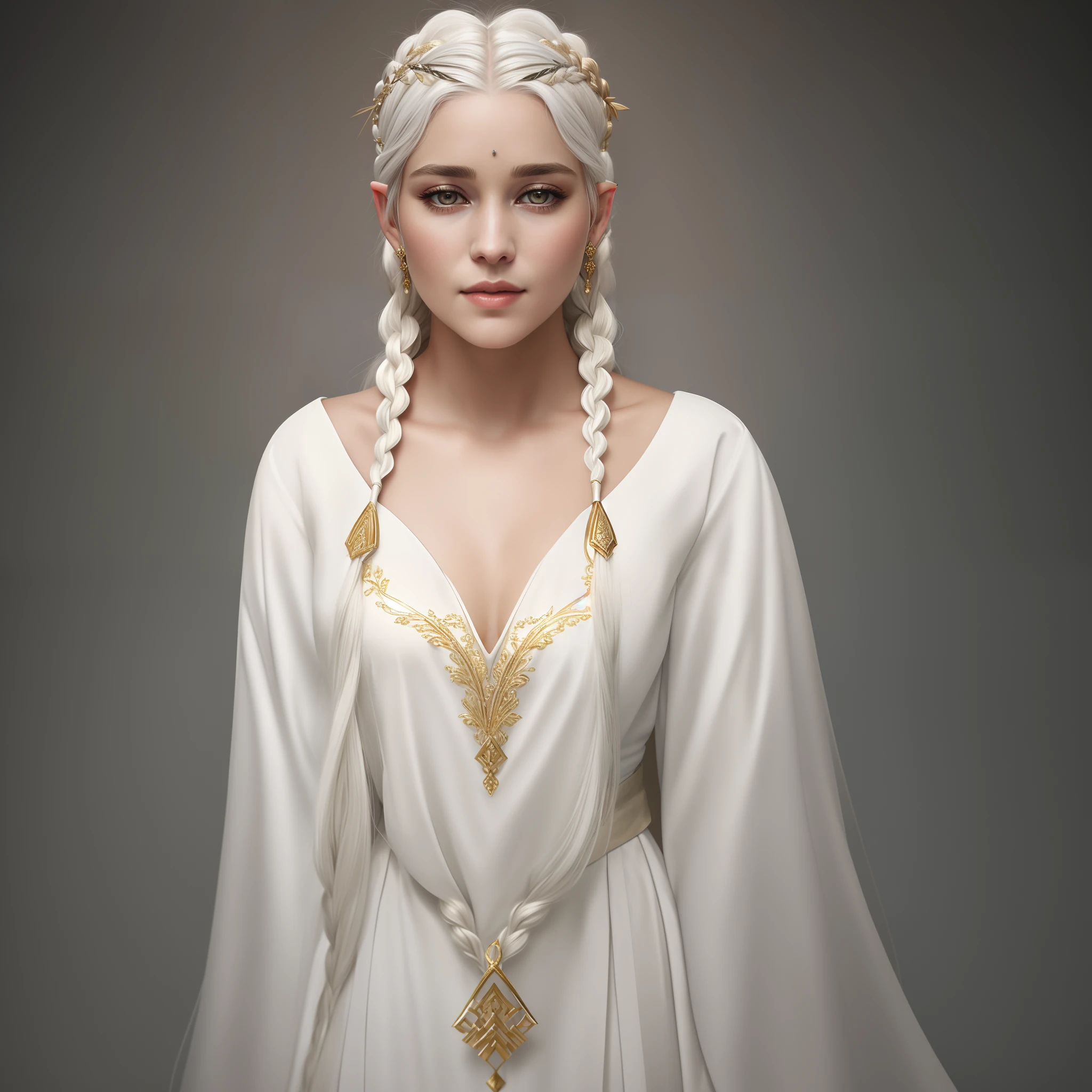 a close up of a woman with long white hair wearing a gold headpiece, long braided white hair, portrait of very beautiful elf, white braided hair, beautiful and elegant female elf, she has elf ears and gold eyes, white braids, elegant fantasy style braids, 4k hd. snow white hair, beautiful elven princess, emilia clarke as a greek goddess