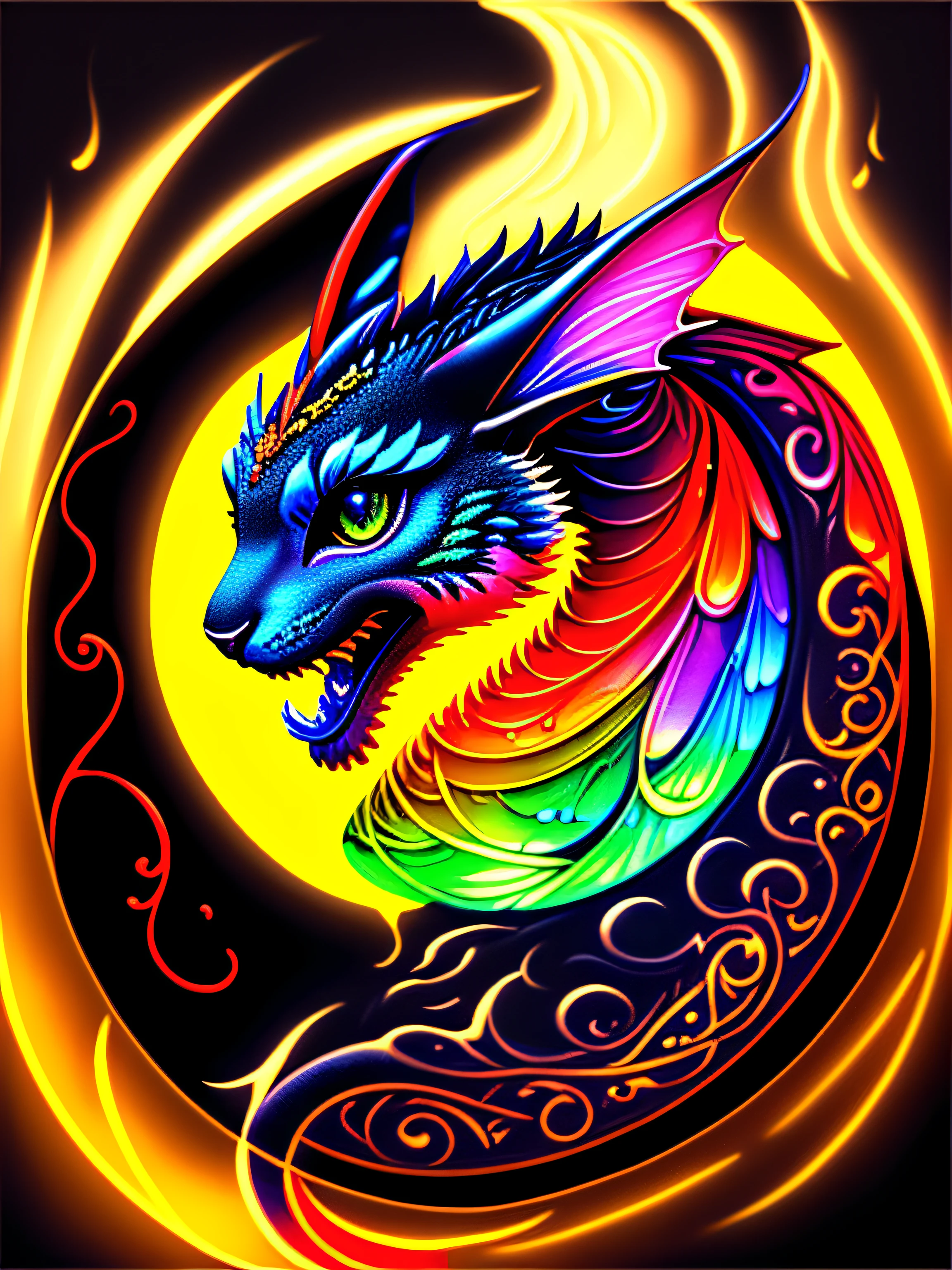 A painting of a colorful dragon on a black background，breath-taking rendering，Within a radiant connection，Inspired by Kinuko Y. Craft，，Magical elements，Kitten icon，much wow，It's beautiful，Cast colorful spells，Bright flash，flash lights