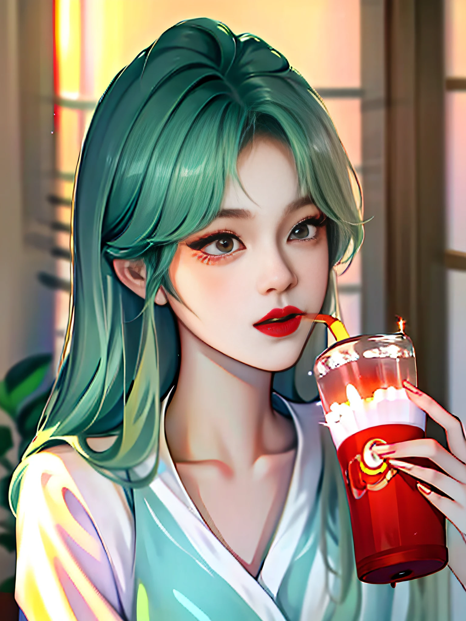 Long Light Hair,close to face,Chinese big eyes girl with lipstick on her lips, Realistic scene style, Light green and light maroon,Drinking a juice, I can't believe how beautiful this is, pixar-style, pixar-style, pixar-style, pixar-style,Light white and light green, cartoon character