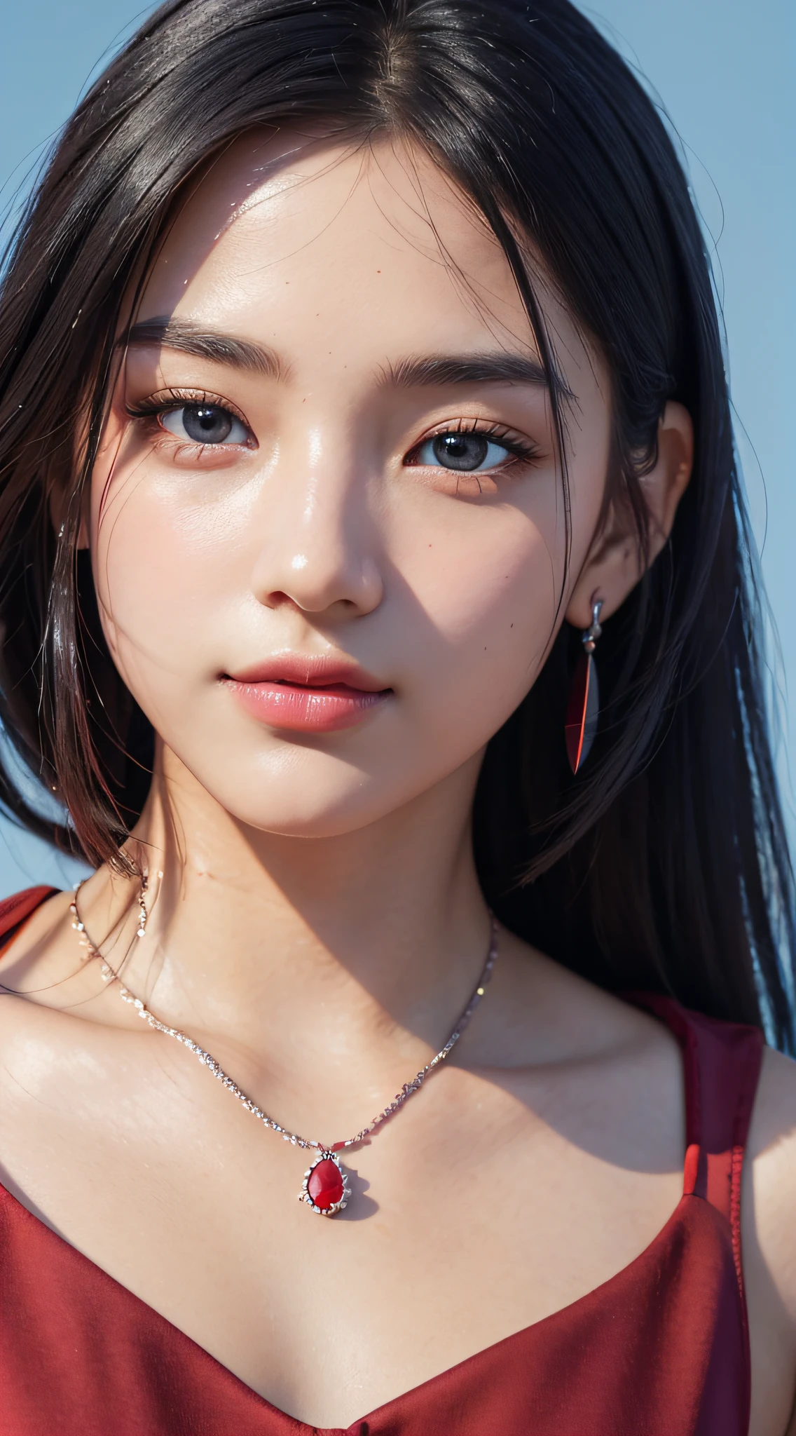 (close up:1.6), masterpiece, best quality, 8k, absurdres, beautiful girl, pretty face, looking at viewer, smile, (dark red dress:1.7), ruby earrings, ruby necklace, teen, cute, (smokey red eye shadow with glitter, glazed pinkish red lips:0.8), ultra realistic, highres, photography, film grain, chromatic aberration, sharp focus, HDR, facelight, dynamic lighting, cinematic lighting, professional shadow, simple background, (dull blue background:1.3), highest detailed, extreme detailed, ultra detailed, finely detail, real skin, delicate facial features, detailed face and eyes, sharp pupils, realistic pupils, (black eyes:1.0)